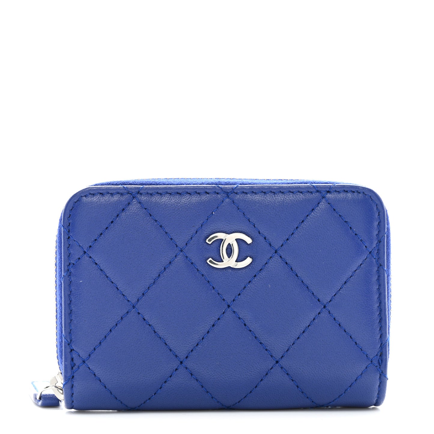 Lambskin Quilted Zip Around Coin Purse Wallet Blue
