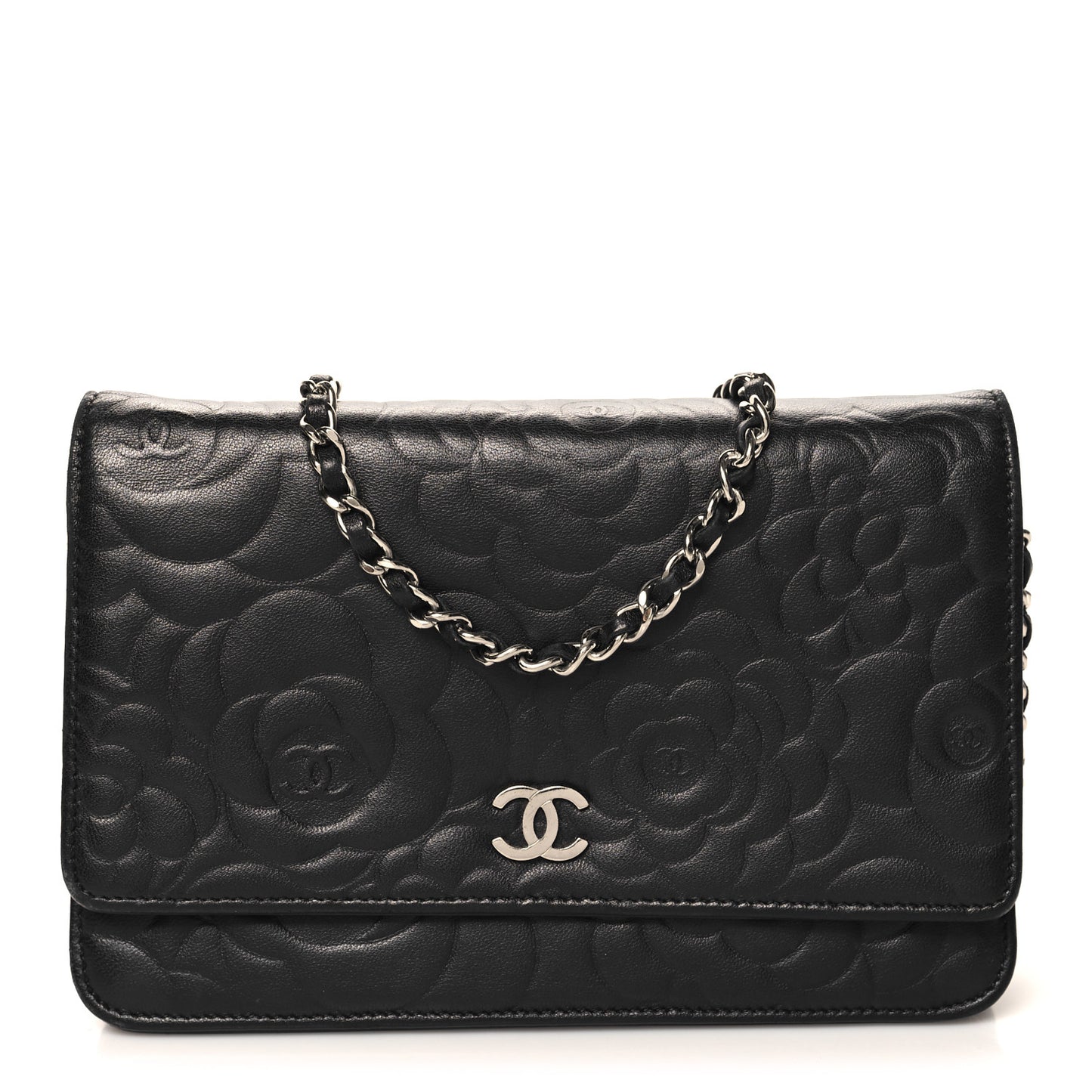 Lambskin Camellia Embossed Wallet On Chain WOC Black