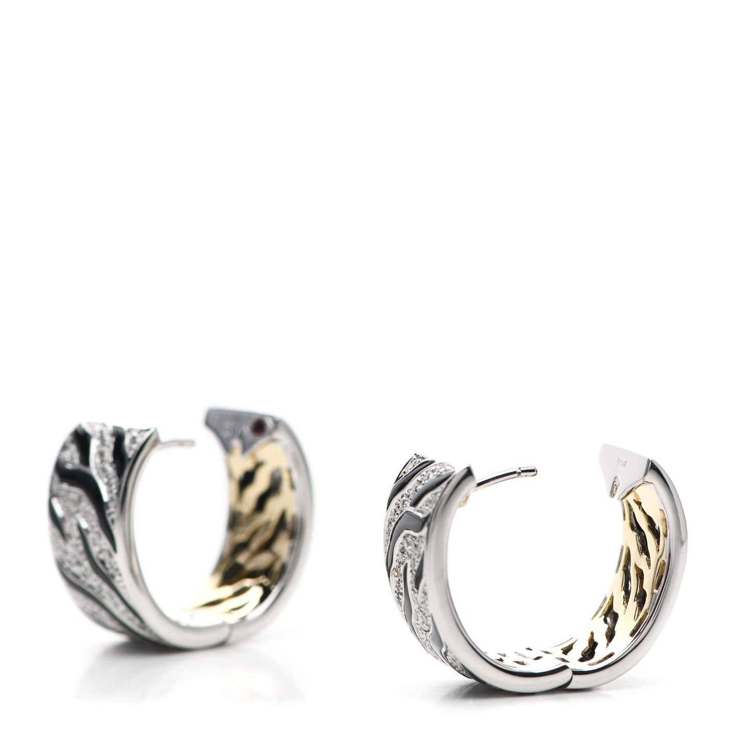 18K White Yellow Gold Diamond Enamel Animalier Zebra Hoop Earrings