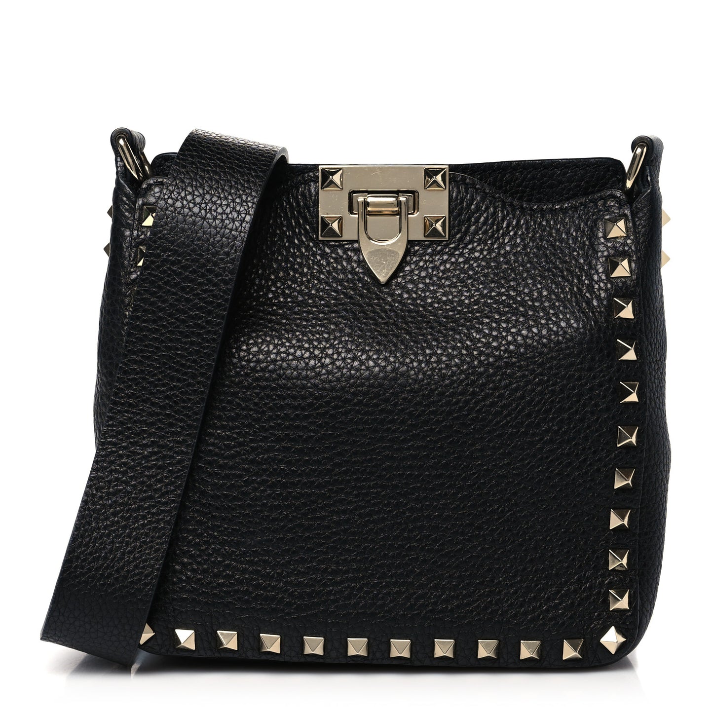 Pebbled Calfskin Mini Rockstud Flip-Lock Messenger Bag Black