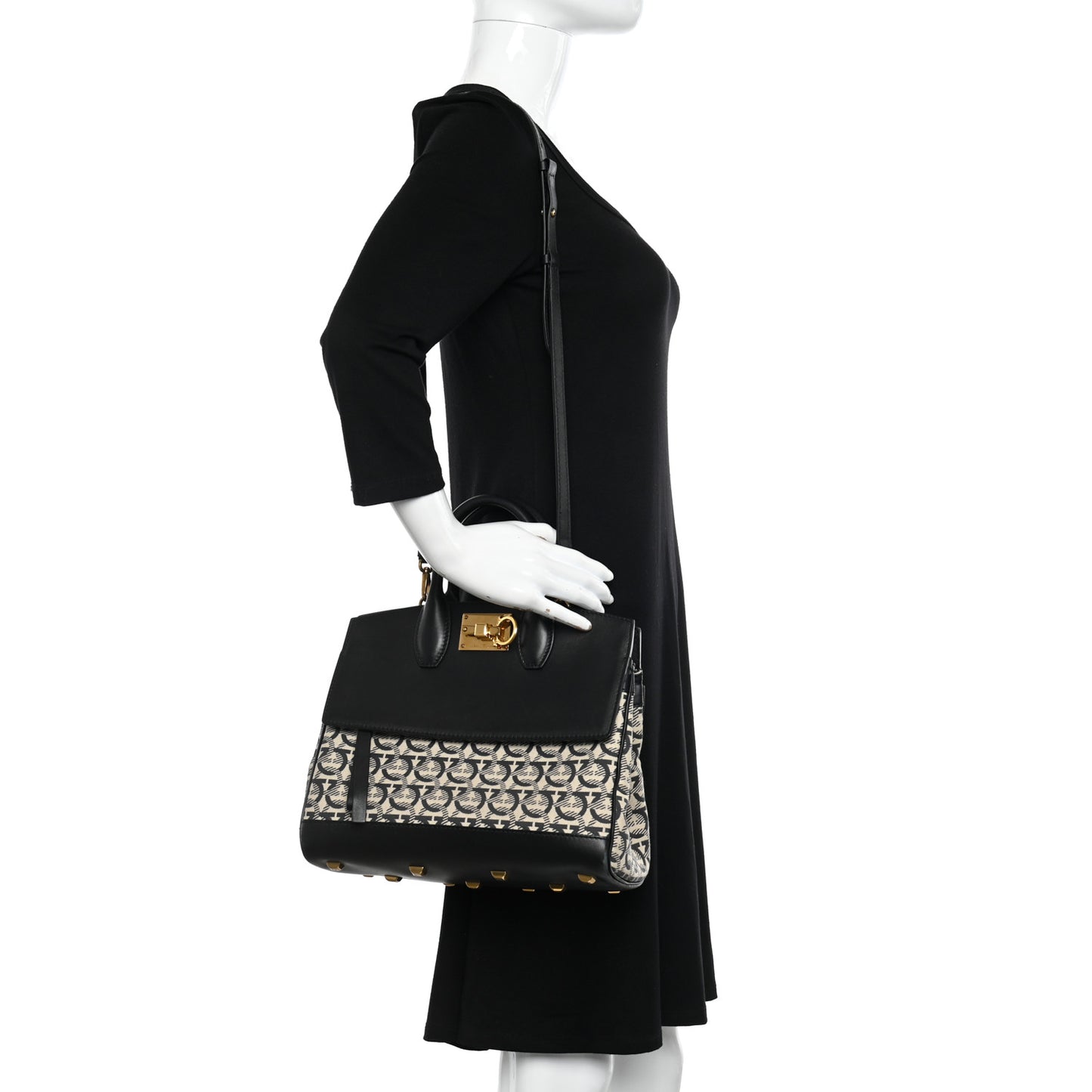 Canvas Calfskin Gancini The Studio Bag Black Beige