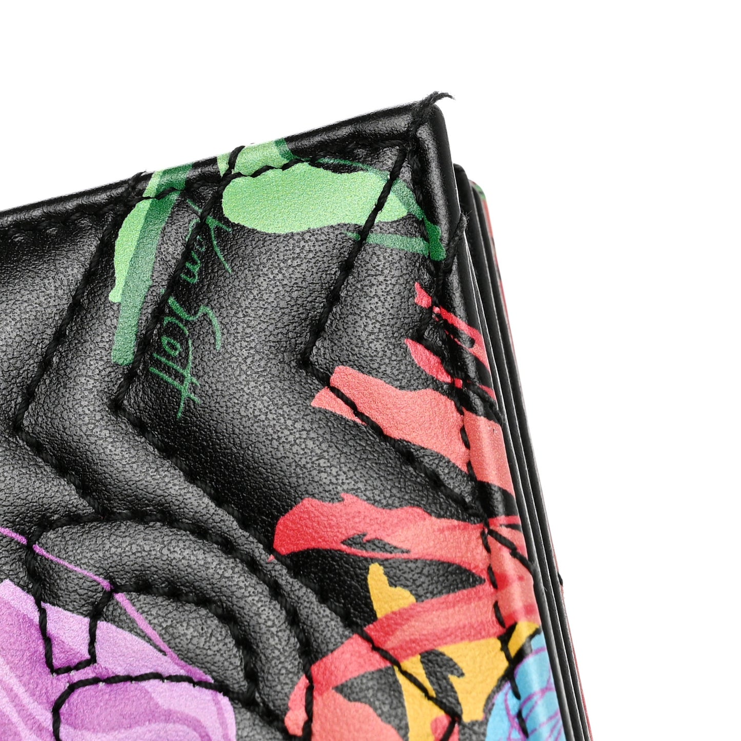 X KEN SCOTT Calfskin Matelasse Floral Print GG Marmont Card Case Wallet Black