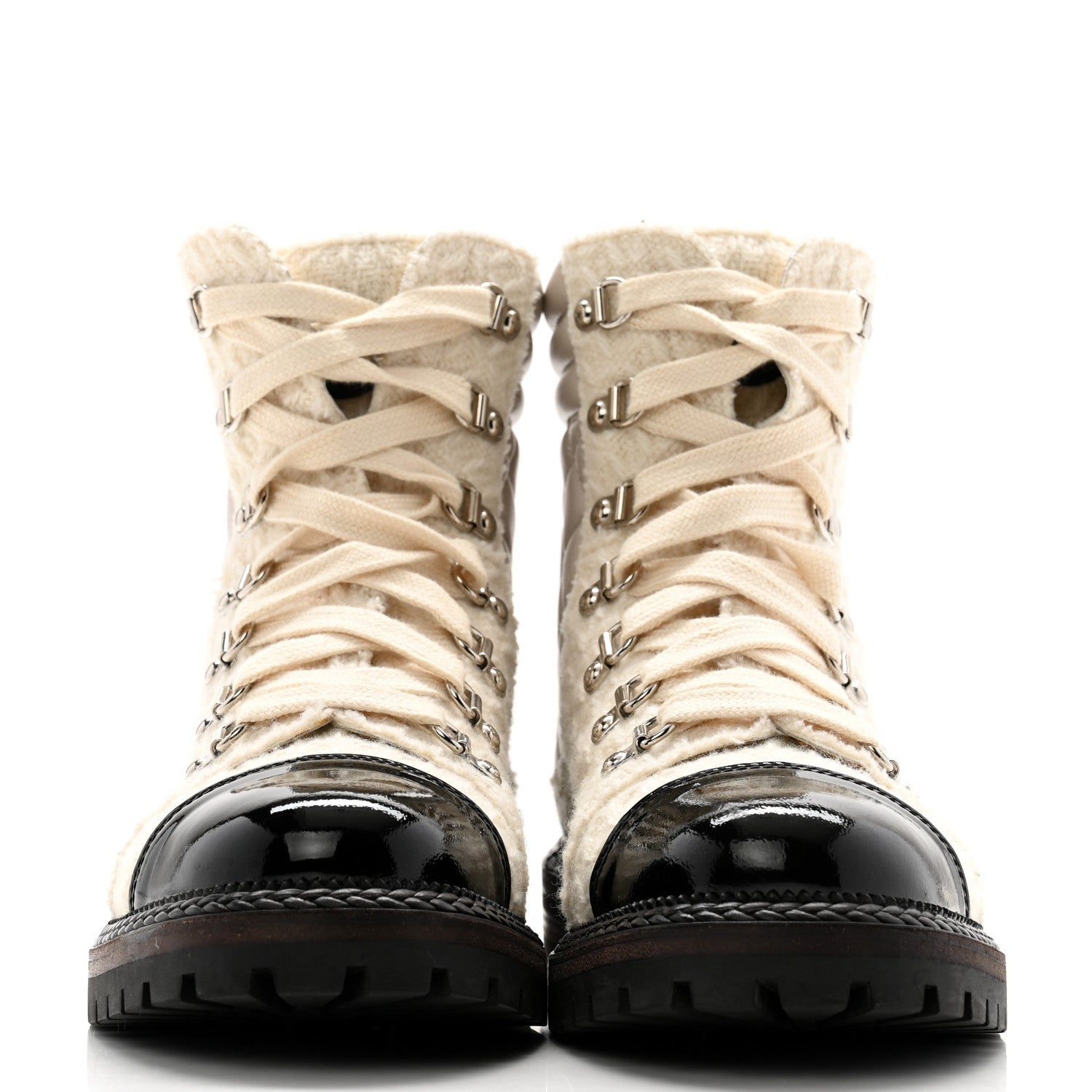 Chanel Tweed Patent Cap Toe Lace Up Short Boots 39.5 White 2 of 12