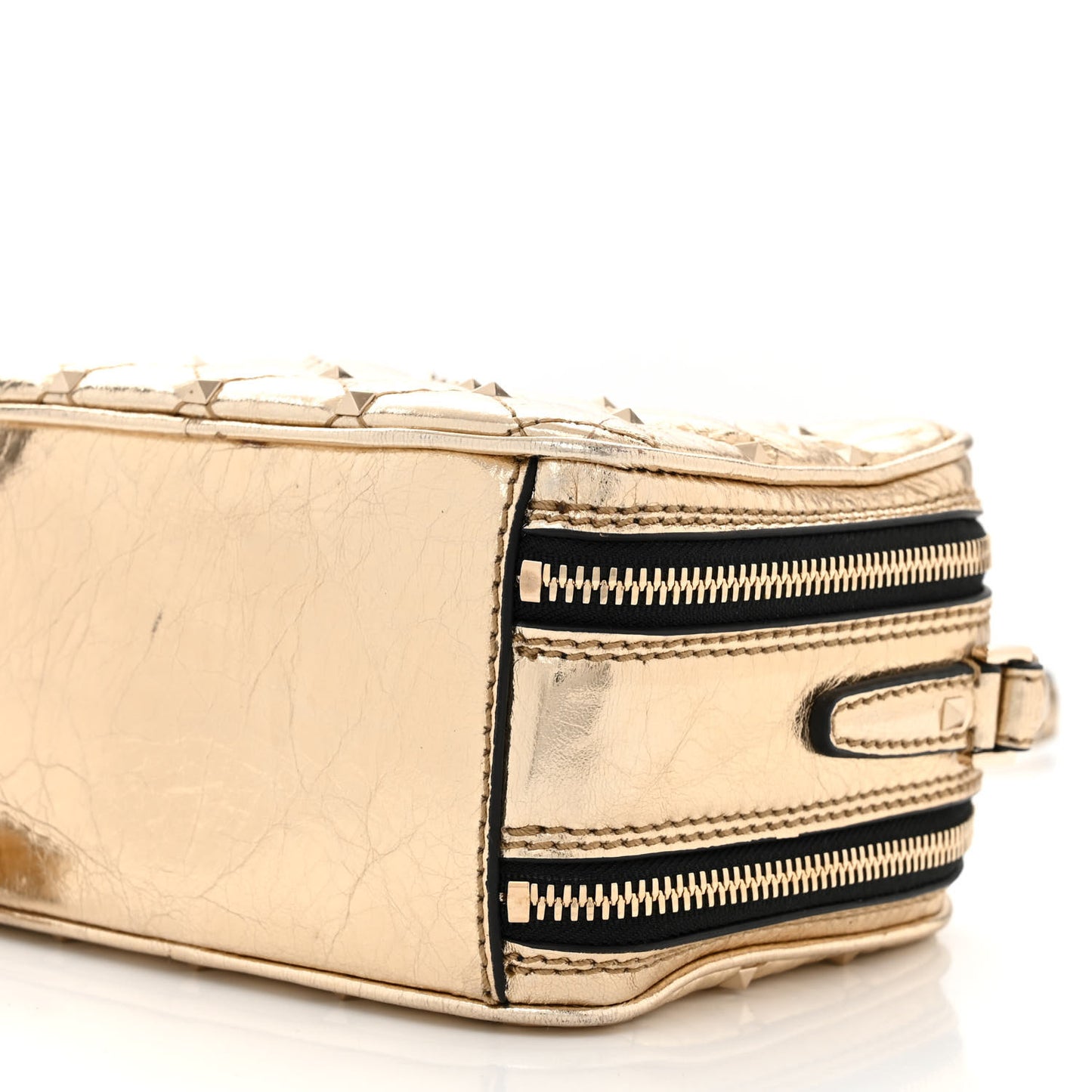 Metallic Wrinkled Lambskin Rockstud Spike Double Zip Camera Crossbody Bag Mekong