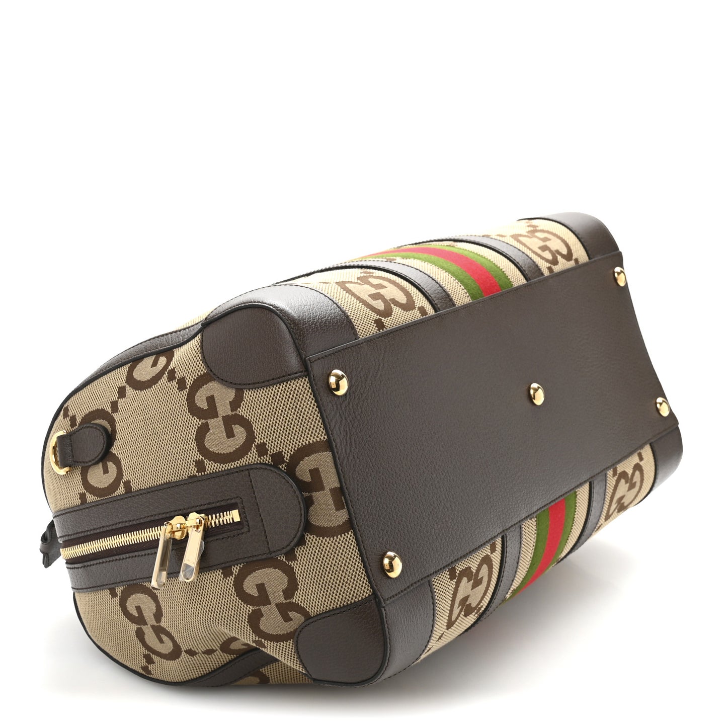 Monogram Jumbo GG Textured Dollar Calfskin Web Medium Duffle Bag Camel Ebony