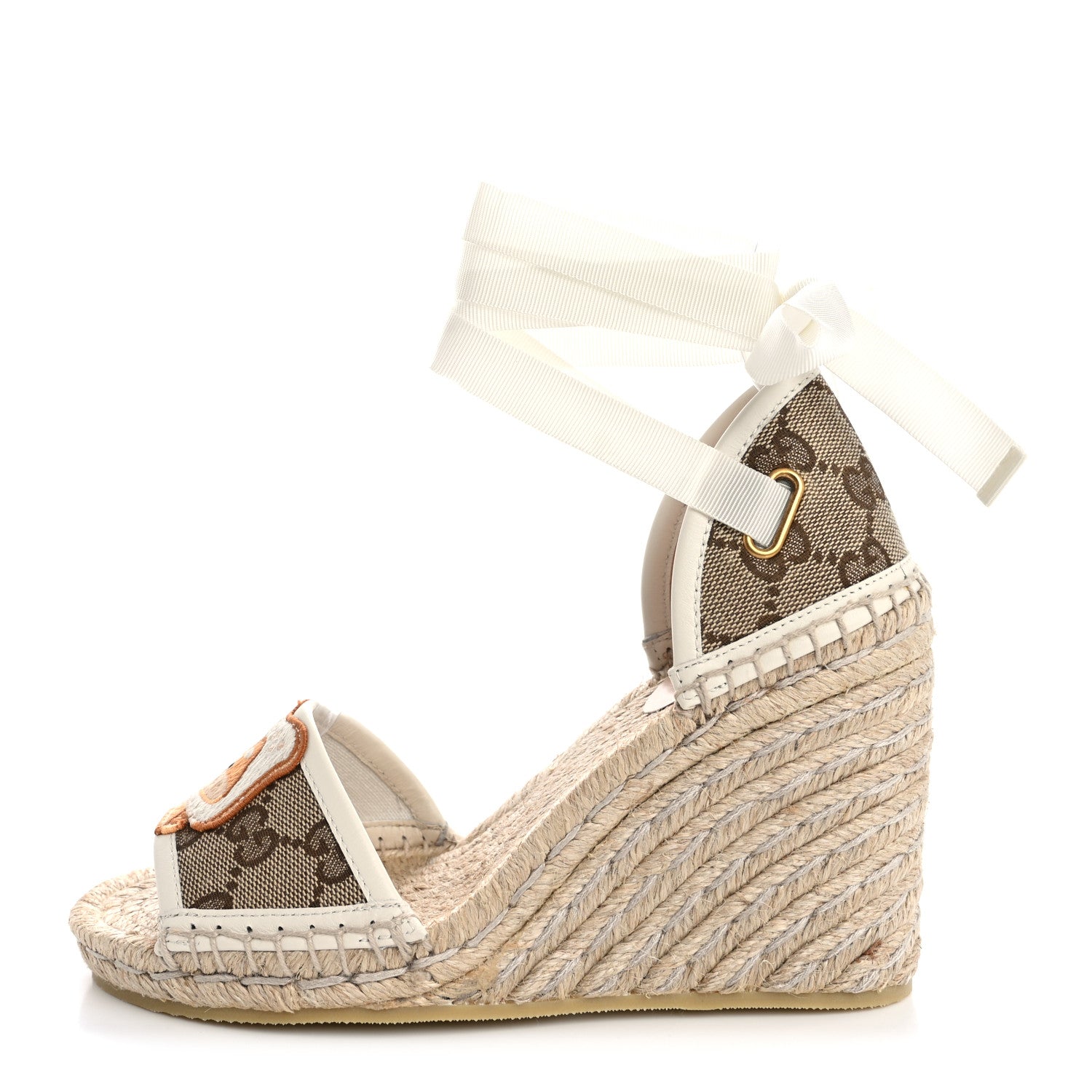 Gucci Monogram Patches Ankle Wrap Platform 35/120mm Espadrille Wedges 35 Beige White 1 of 12