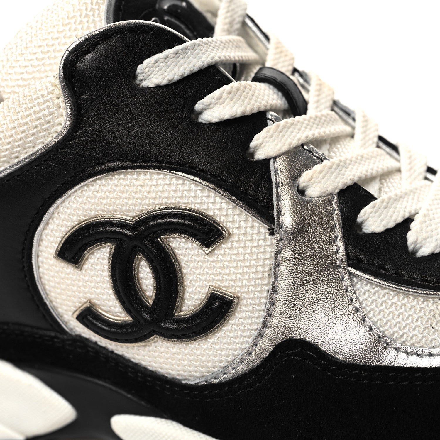 Chanel Mesh Suede Calfskin Grained Calfskin Womens CC Sneakers 35 Black White 10 of 11