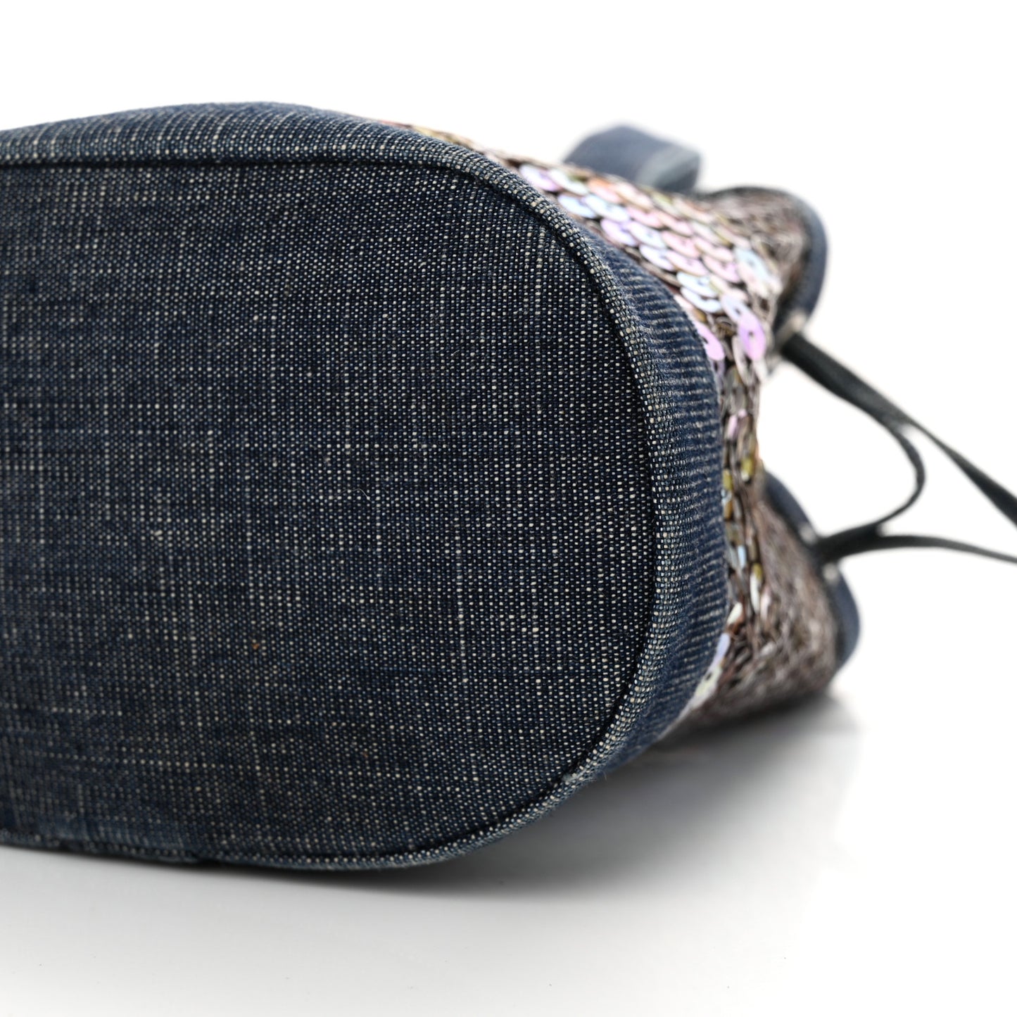 Sequin Denim Small Drawstring Bucket Bag Blue