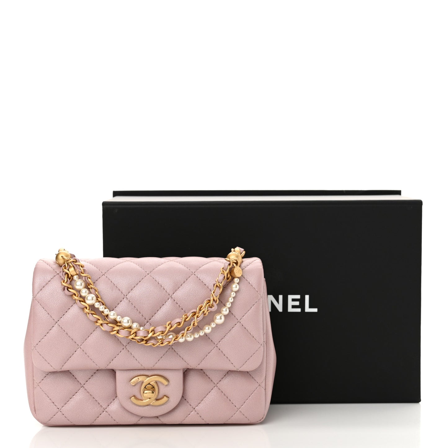 Shiny Lambskin Quilted Pearl Twist Mini Square Flap Light Pink