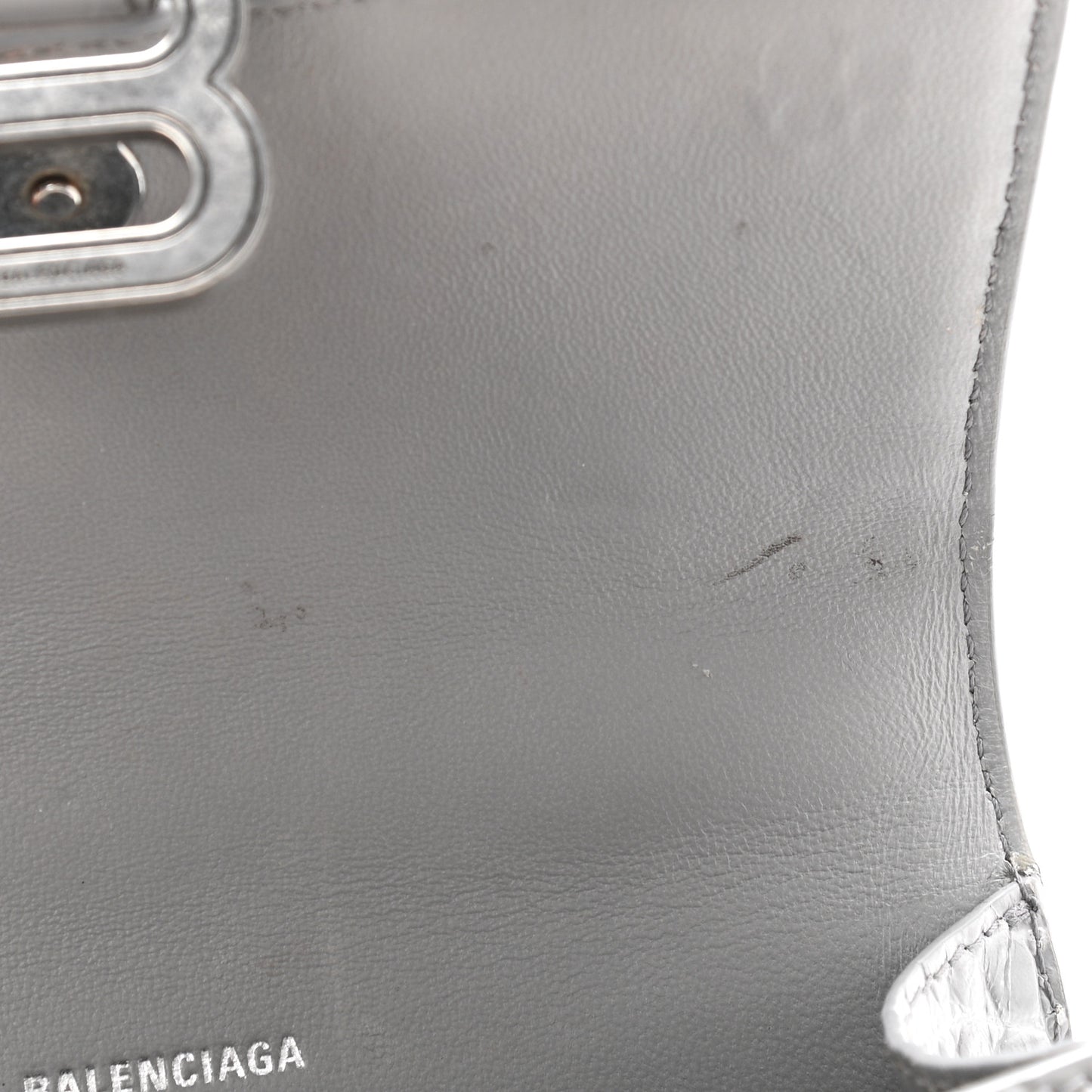 Shiny Calfskin Crocodile Embossed Hourglass Top Handle Bag XS Balenciaga Grey
