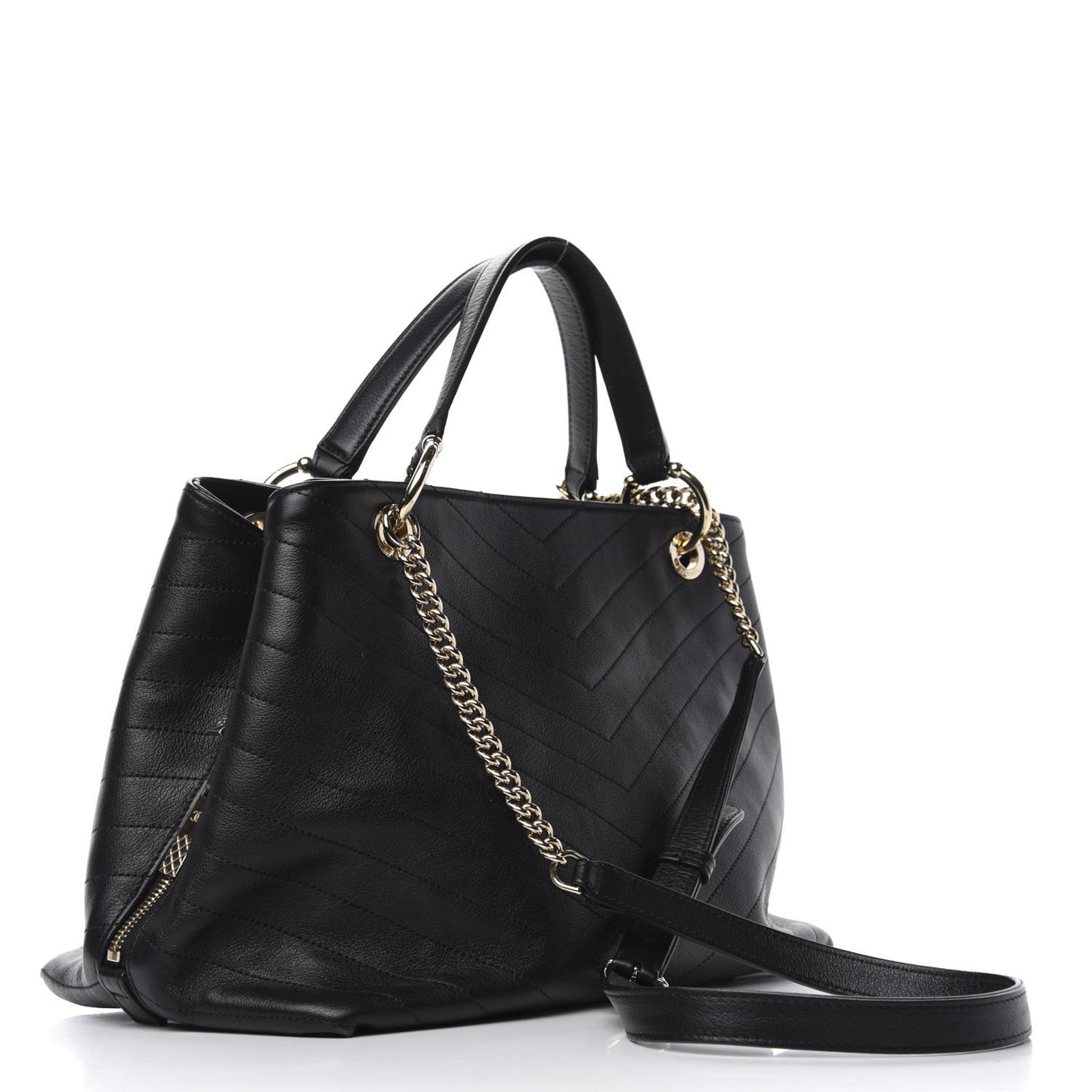 Calfskin Stitched Large Chevron Chic Shopping Bag Black