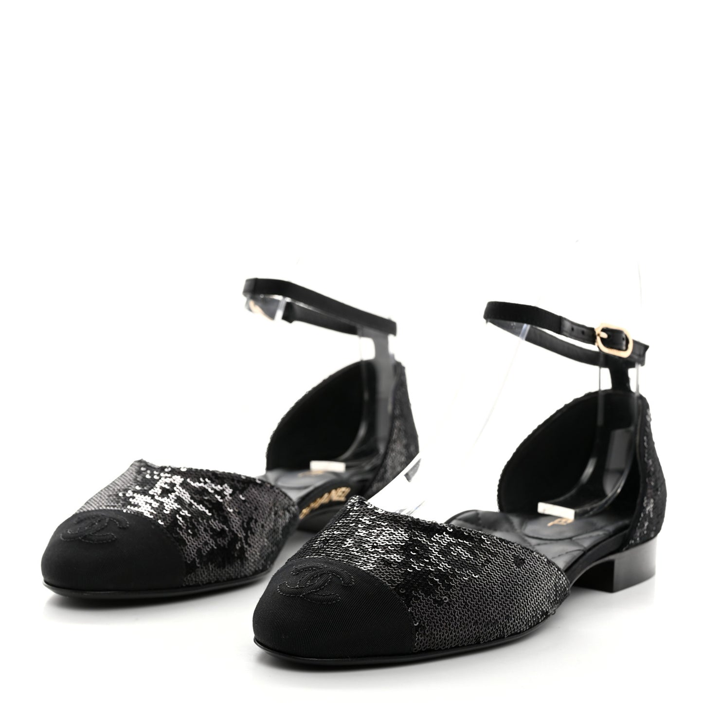 Sequin Grosgrain CC Cap Toe Ankle Flat 37 Black