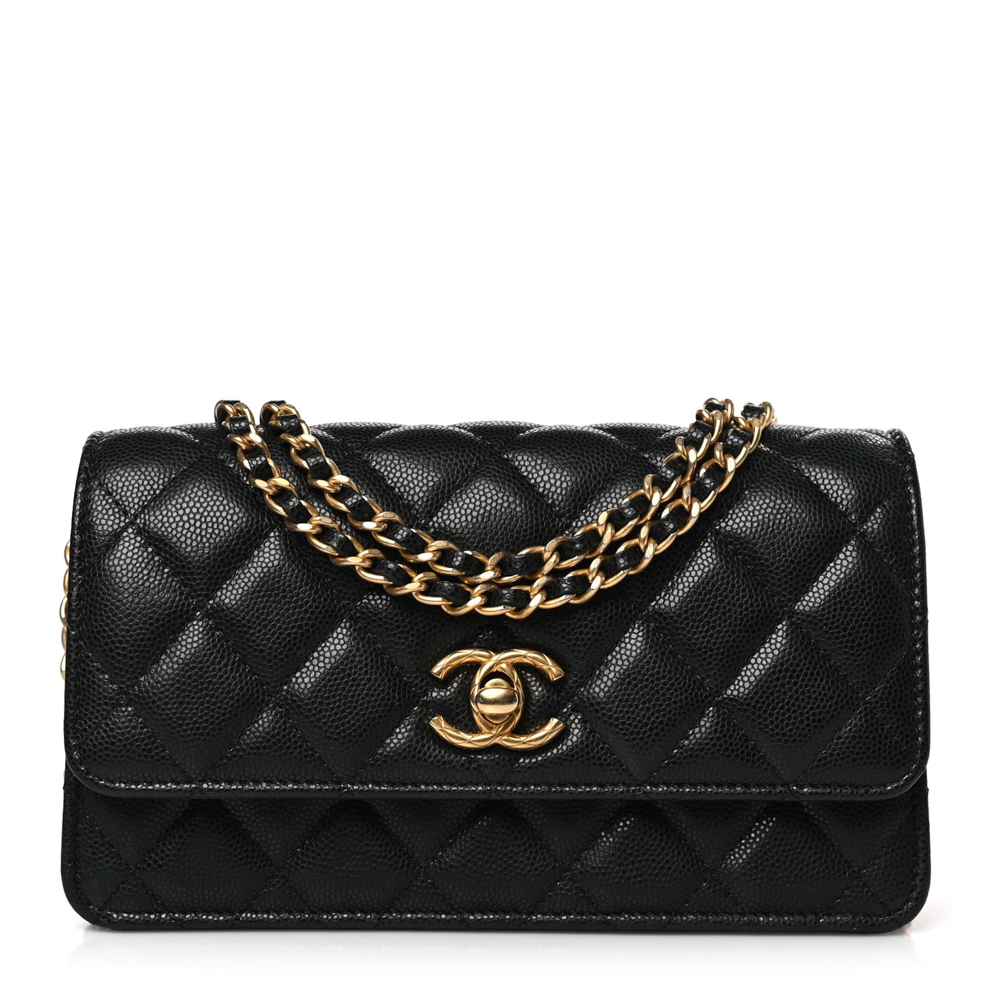 Caviar Quilted Chain Link Clutch With Chain Black