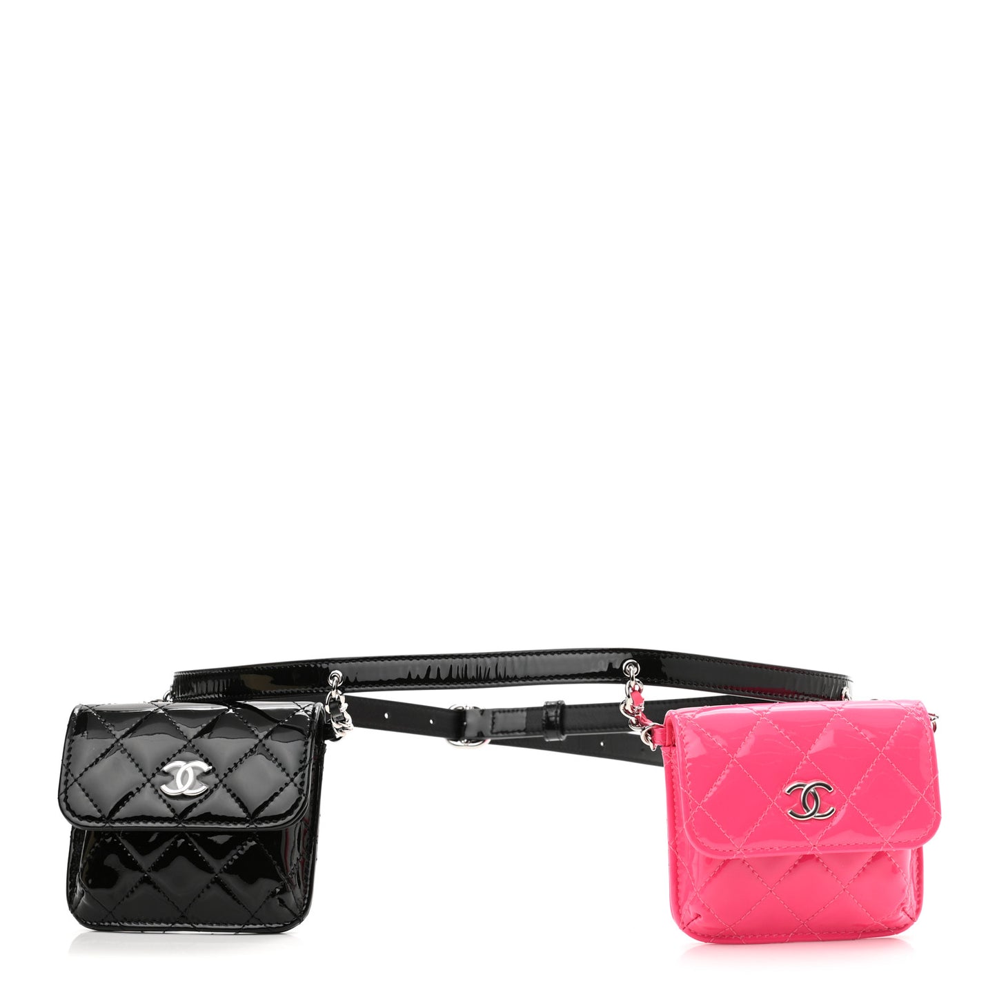 Patent Quilted Belt In Love Double Mini Flap Waist Bag Black Pink