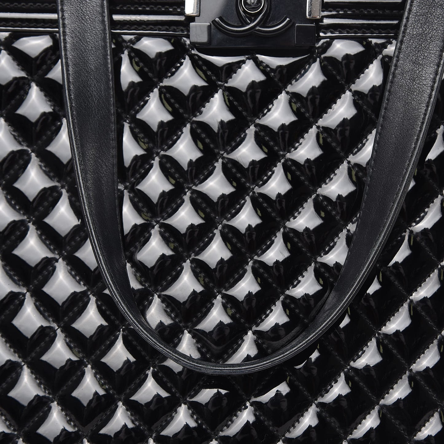 Patent Calfskin Quilted Plexiglass Boy Shopping Tote Black