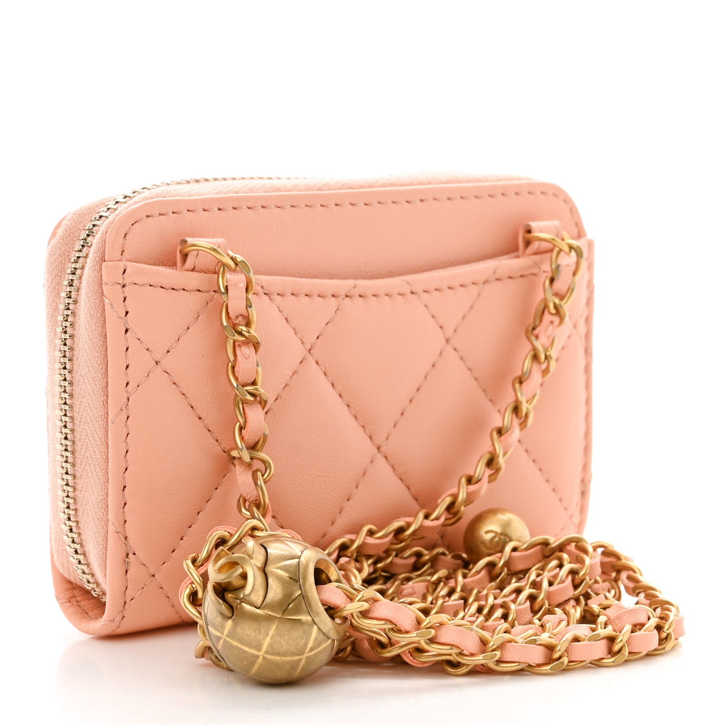 Lambskin Quilted CC Pearl Crush Zip Card Holder On Chain Pink