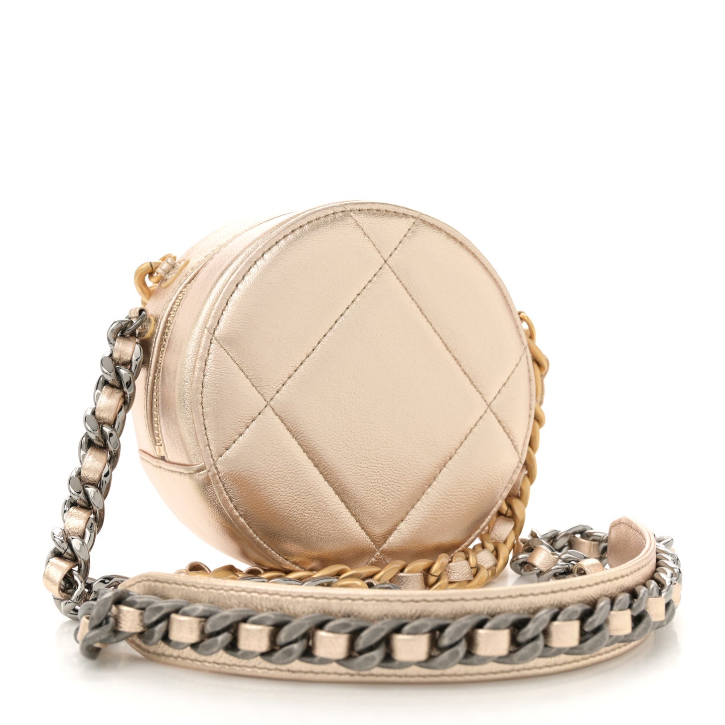Metallic Lambskin Quilted Chanel 19 Round Clutch With Chain Gold