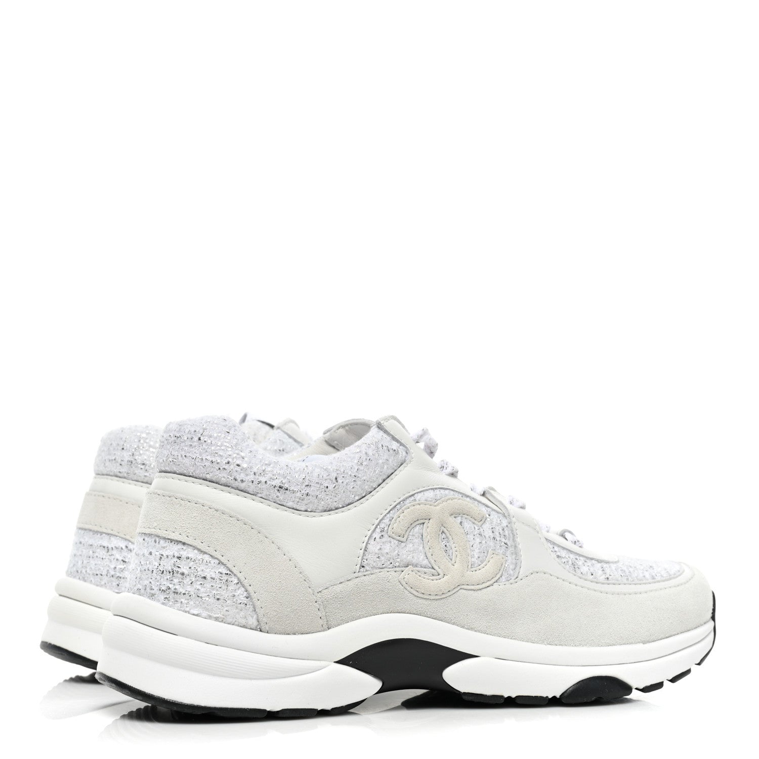 Chanel Painted Iridescent Cotton Tweed Suede Womens CC Sneakers 39 White Silver Multicolor 4 of 9