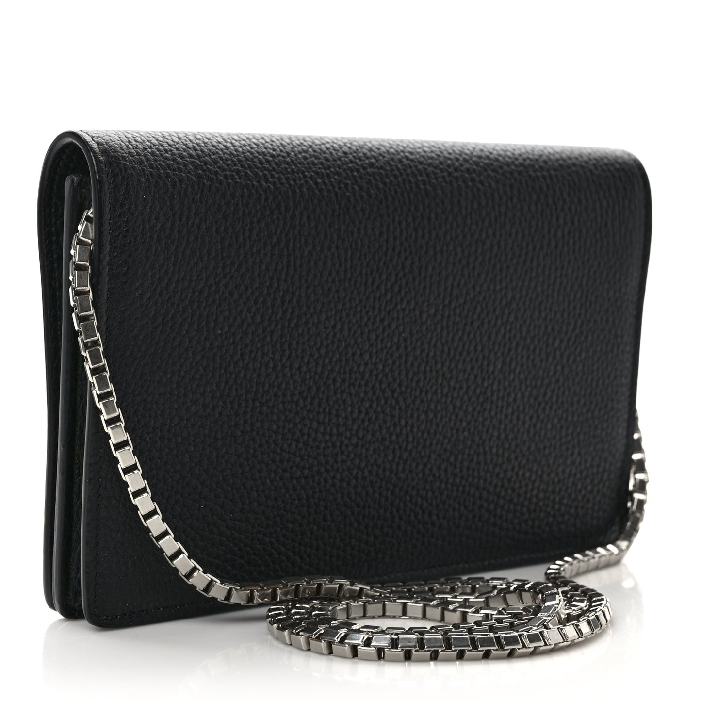 Grained Calfskin Classic Silver Hardware Wallet on Chain Black