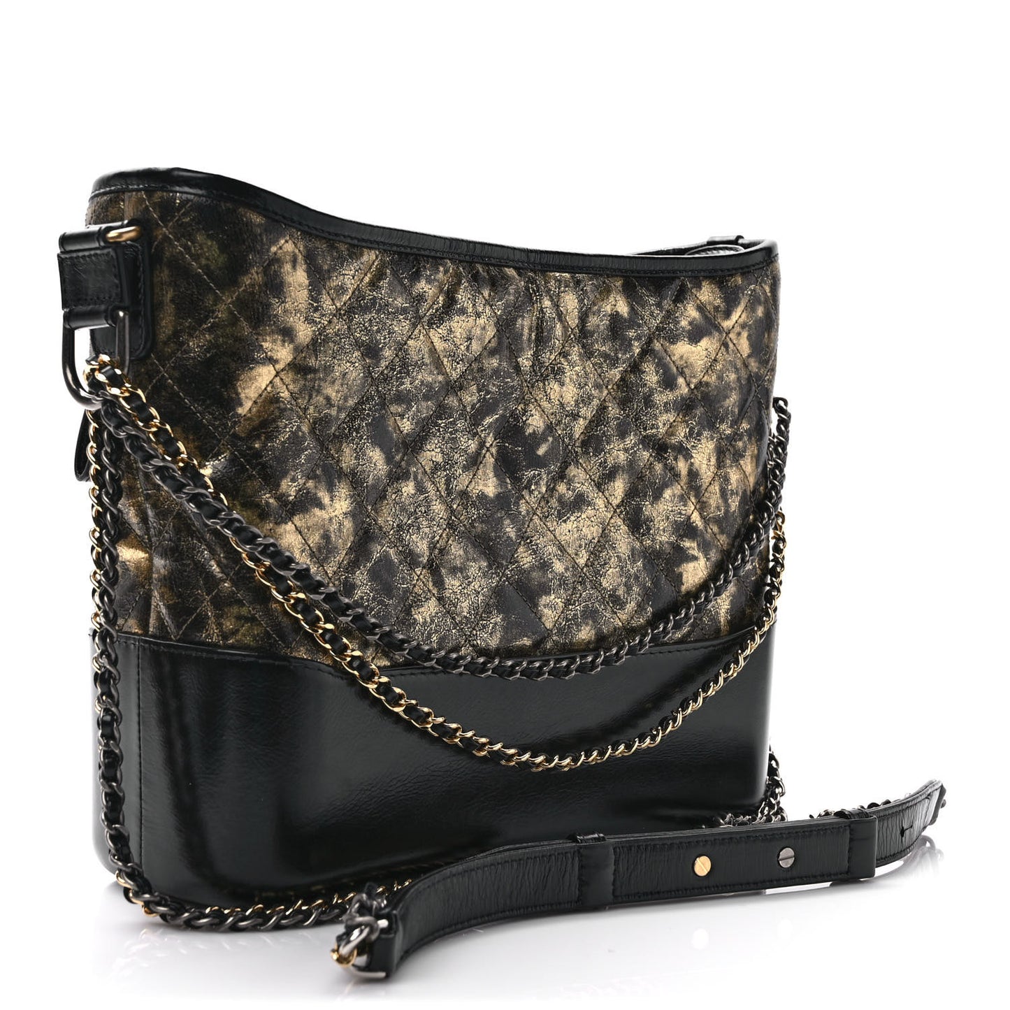 Metallic Crumpled Goatskin Quilted Medium Gabrielle Hobo Black Gold