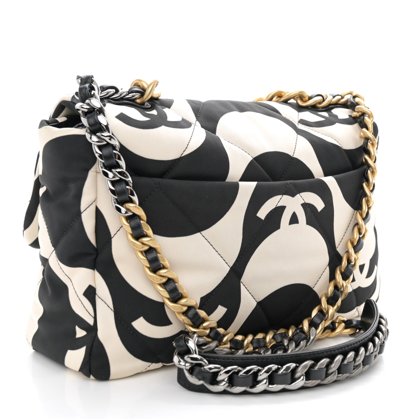 Fabric Printed Large Chanel 19 Flap Black Ecru