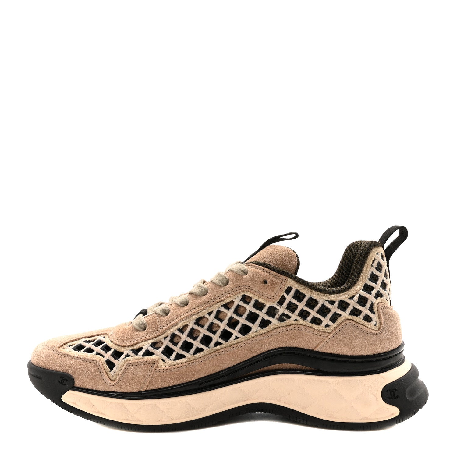 Chanel Suede Calfskin Embroidered CC Sneakers 40 Beige Black