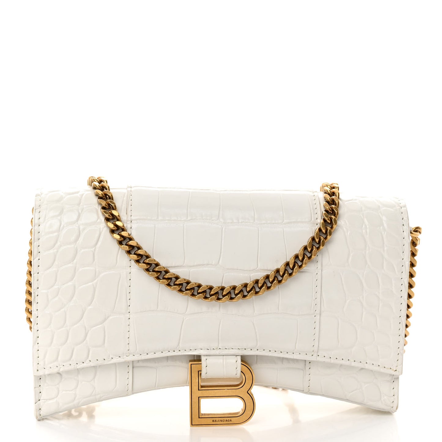 Shiny Calfskin Crocodile Embossed Hourglass Chain Bag White