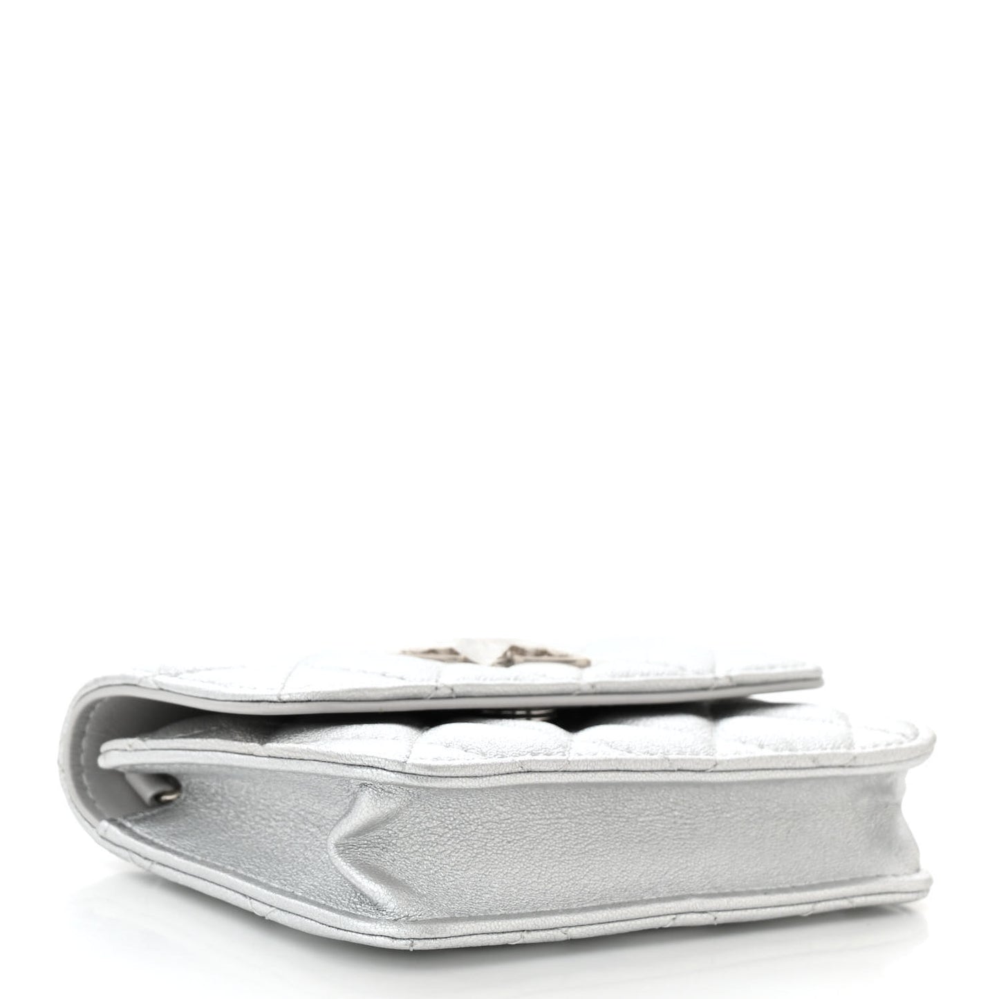 Metallic Goatskin Quilted Crystal CC Walk Of Fame Clutch With Chain Silver