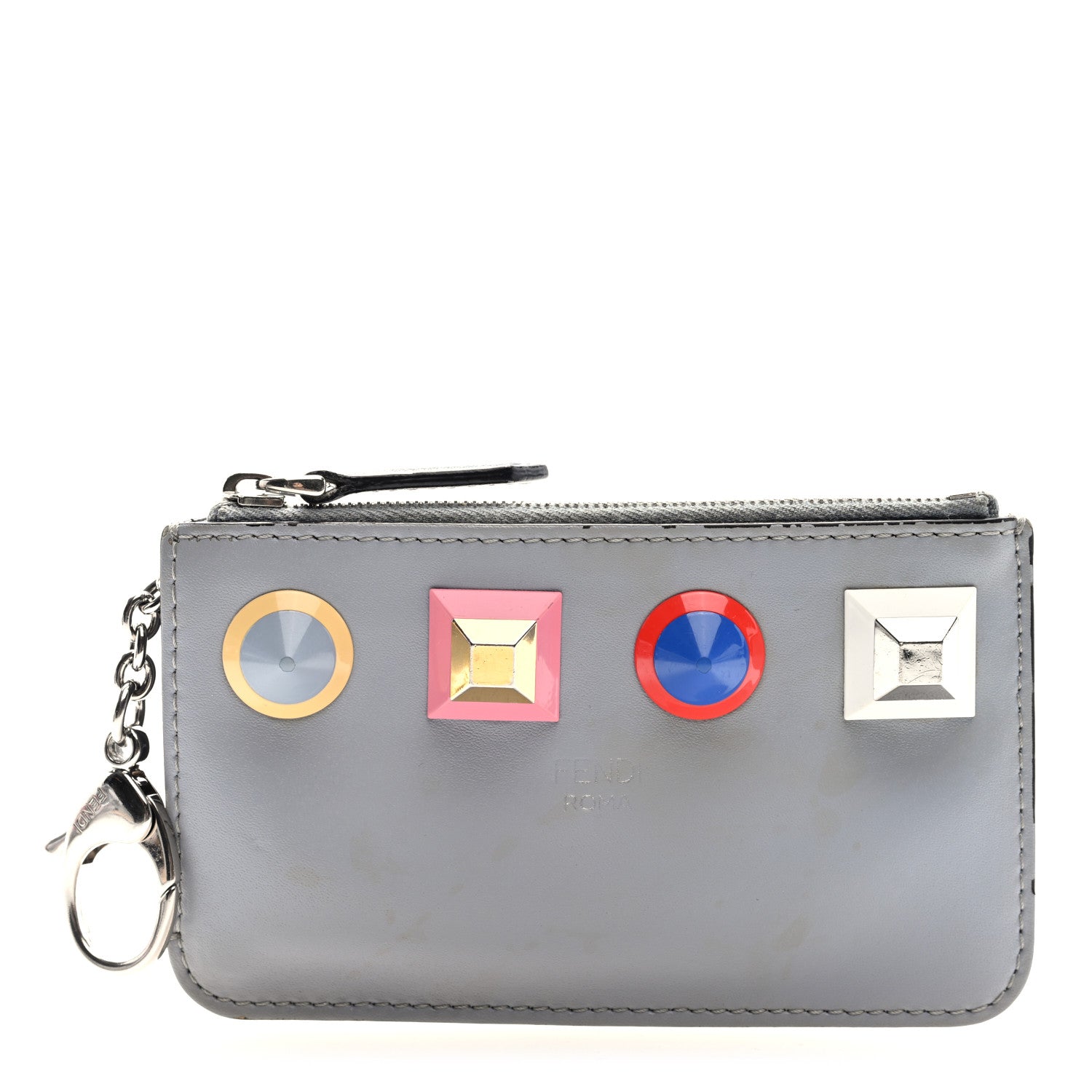 Fendi Vitello Liberty Studded Coin Pouch Key Case Ardesia