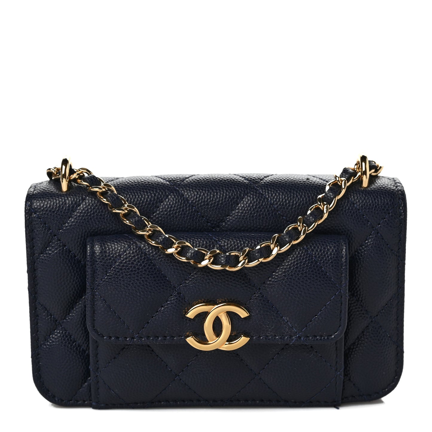 Caviar Quilted Pocket Twins Clutch With Chain Navy