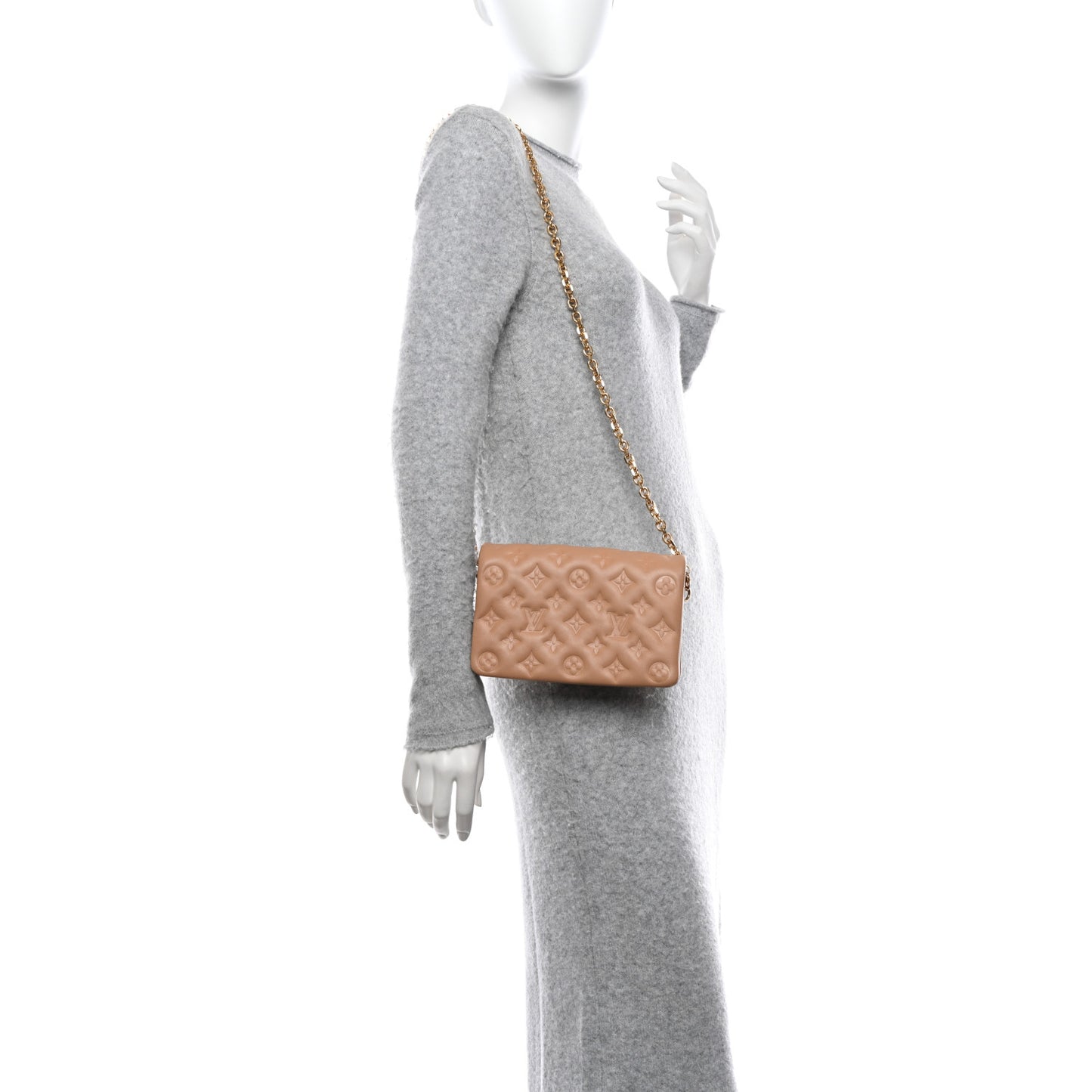 Lambskin Embossed Monogram Pochette Coussin Camel
