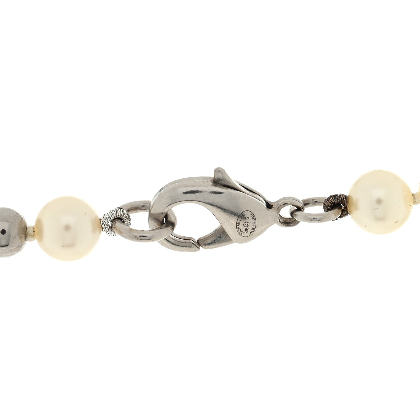 Pearl Bead CC Long Necklace Silver