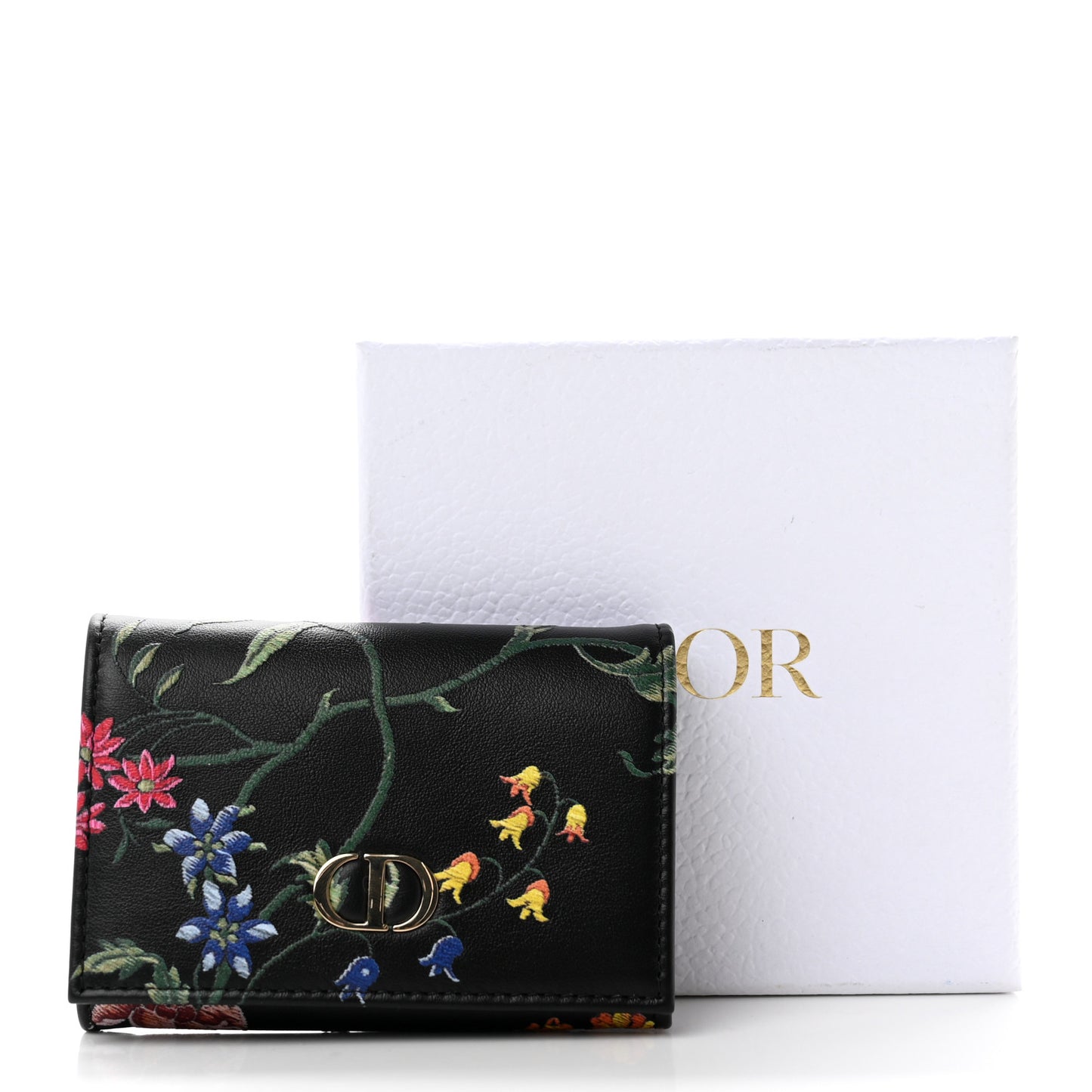 Calfskin Petites Fleurs Print Caro XS Wallet Black Multicolor