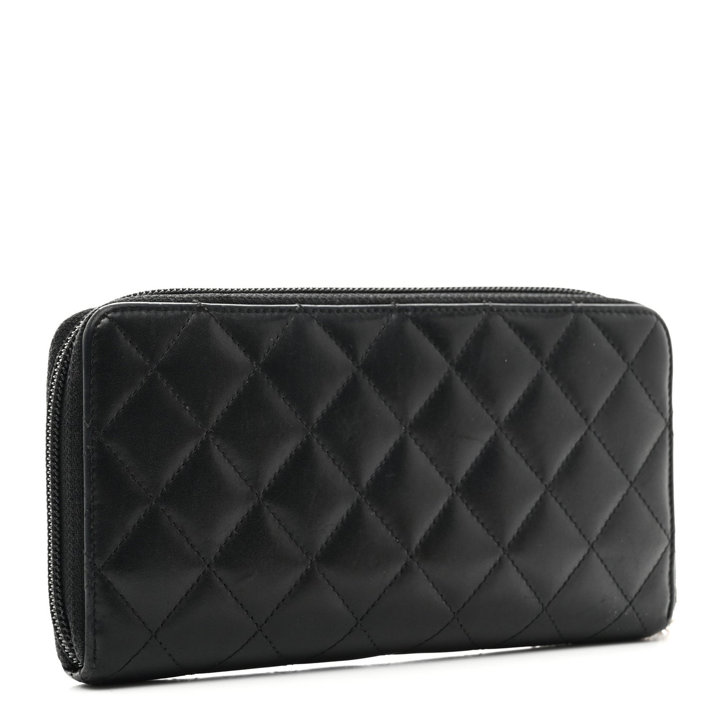 Calfskin Quilted Cambon Large Gusset Zip Around Wallet Black
