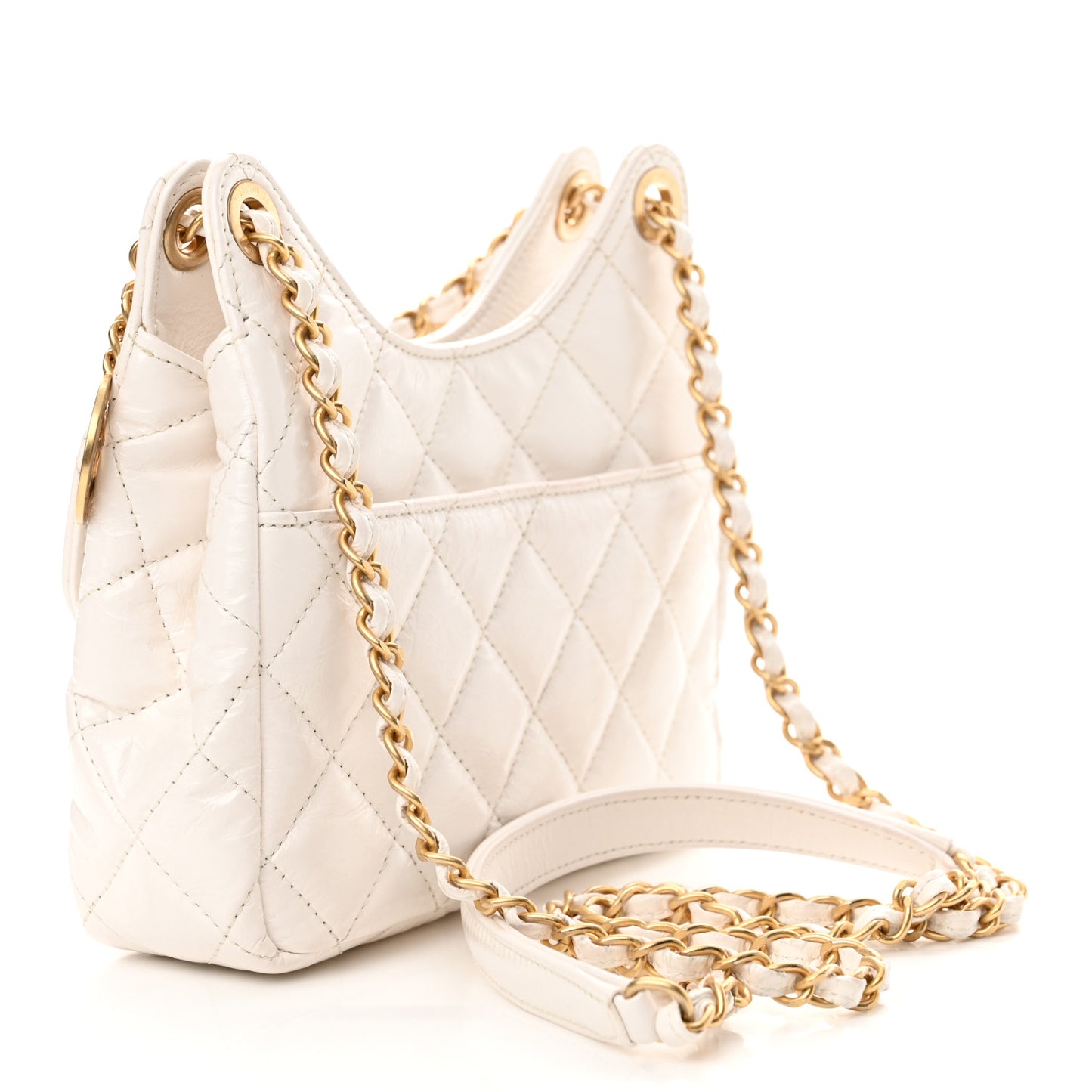 Shiny Crumpled Calfskin Quilted Small Wavy CC Hobo White