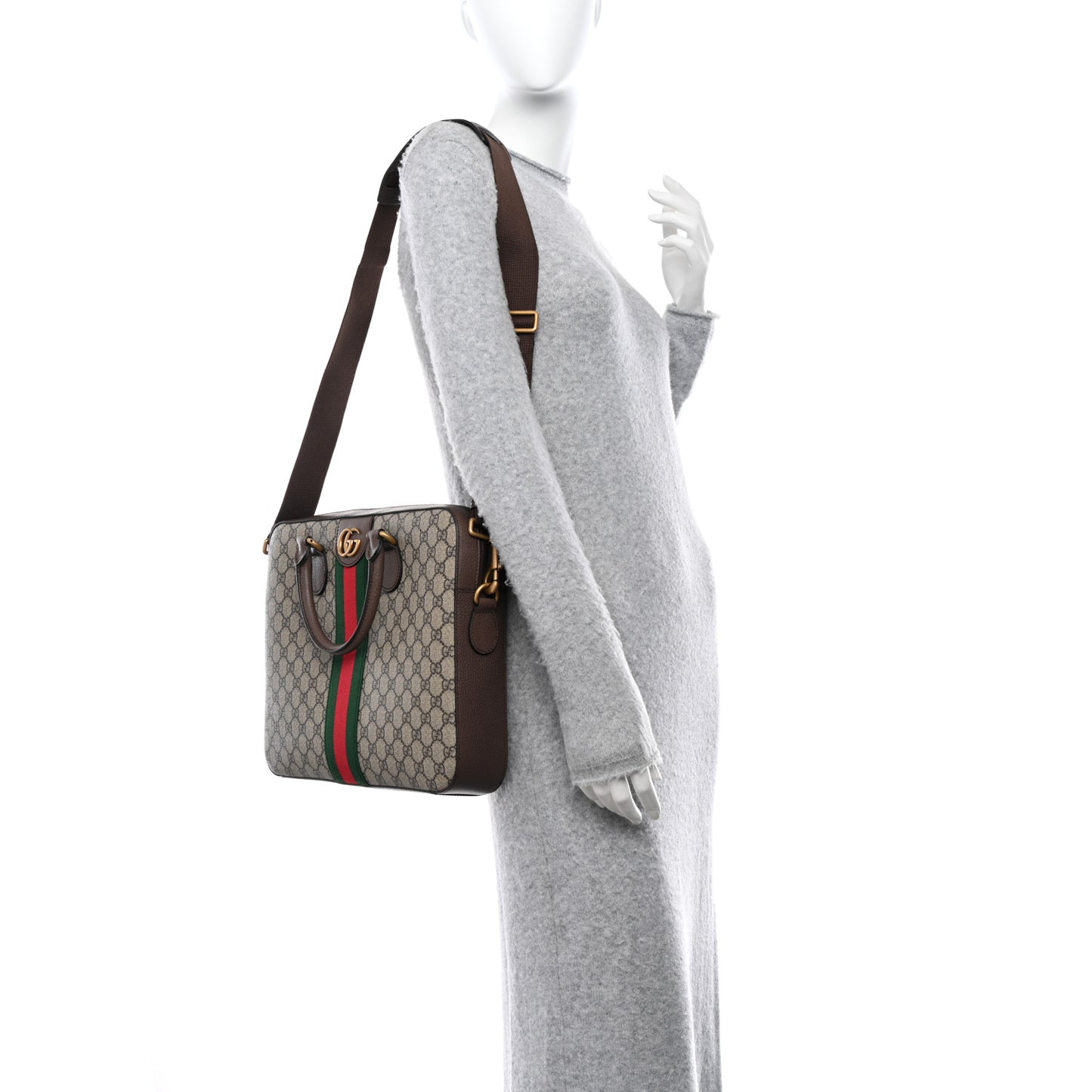 GG Supreme Monogram Textured Calfskin Web Medium Ophidia Briefcase Beige Ebony New Acero