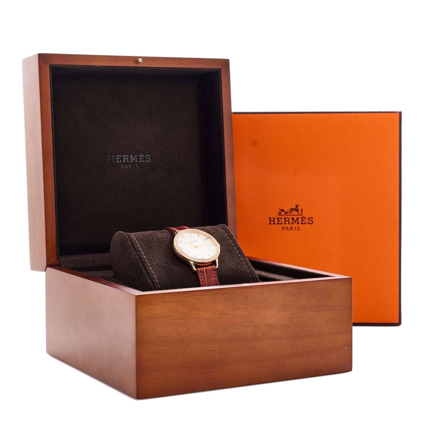 18K Rose Gold Alligator Diamond Mother of Pearl 32mm Slim d'Hermes Quartz Watch