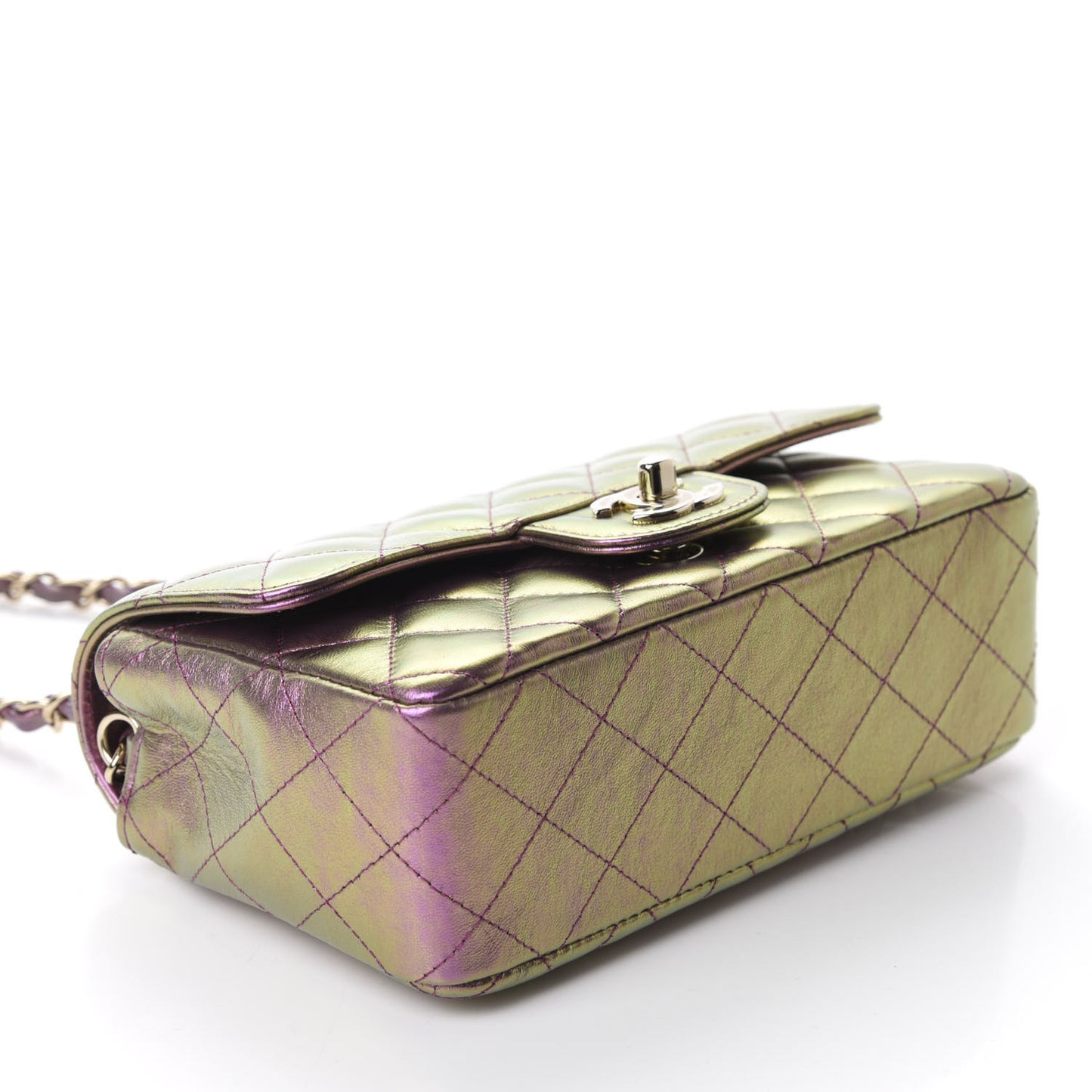 Iridescent Lambskin Quilted Mini Rectangular Flap Purple