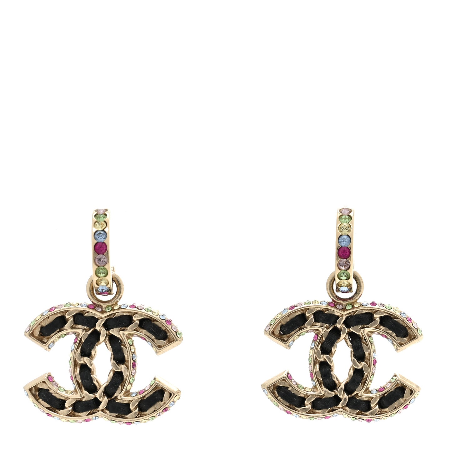 Lambskin Crystal CC Drop Earrings Gold Black Multicolor