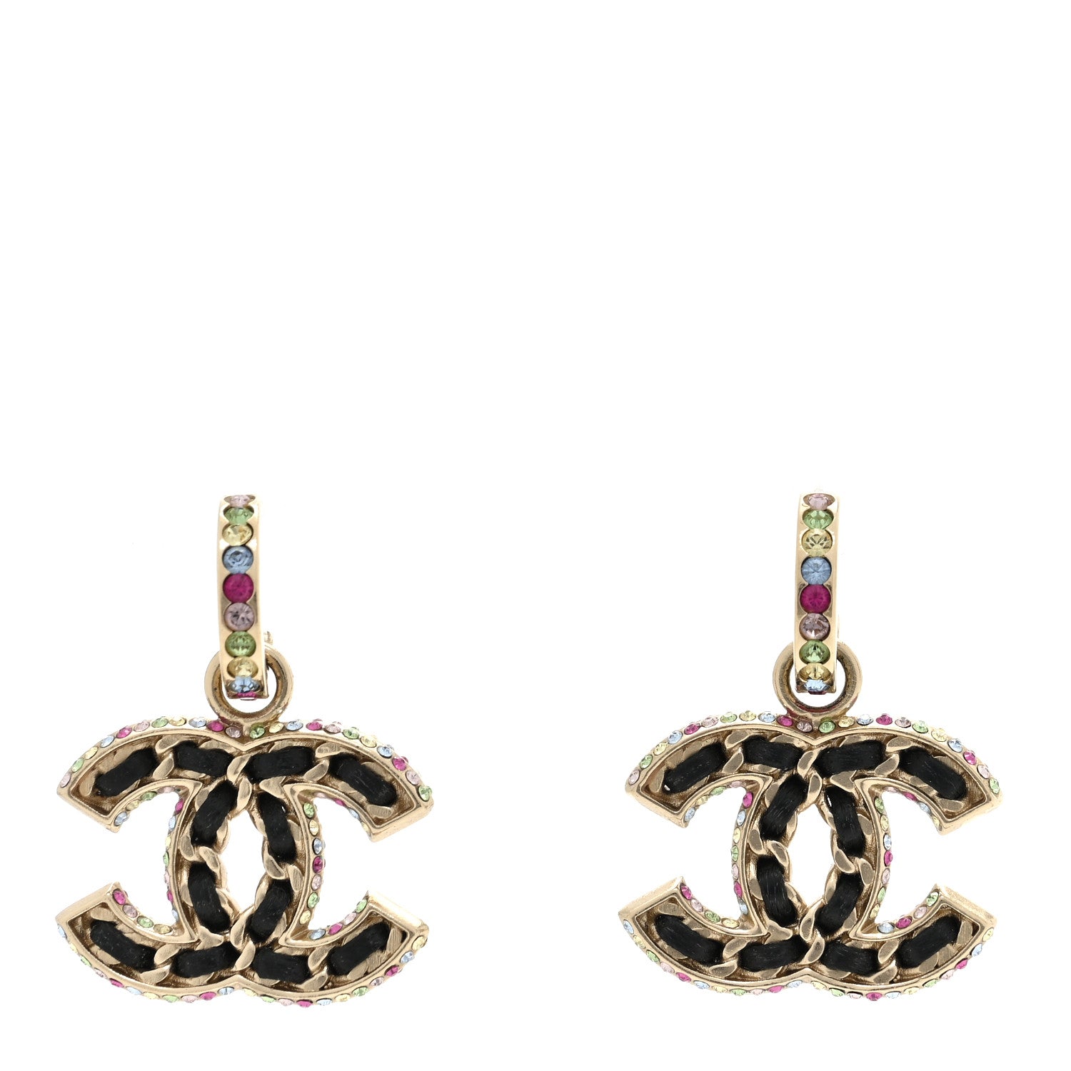 Chanel Lambskin Crystal CC Drop Earrings Gold Black Multicolor 1 of 5