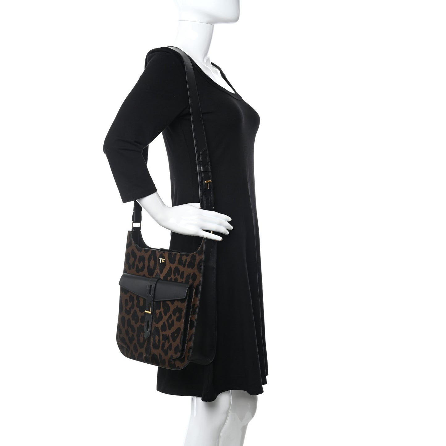 Calfskin Calf Hair Leopard Print Medium T Twist Tote Dark Whisky Black