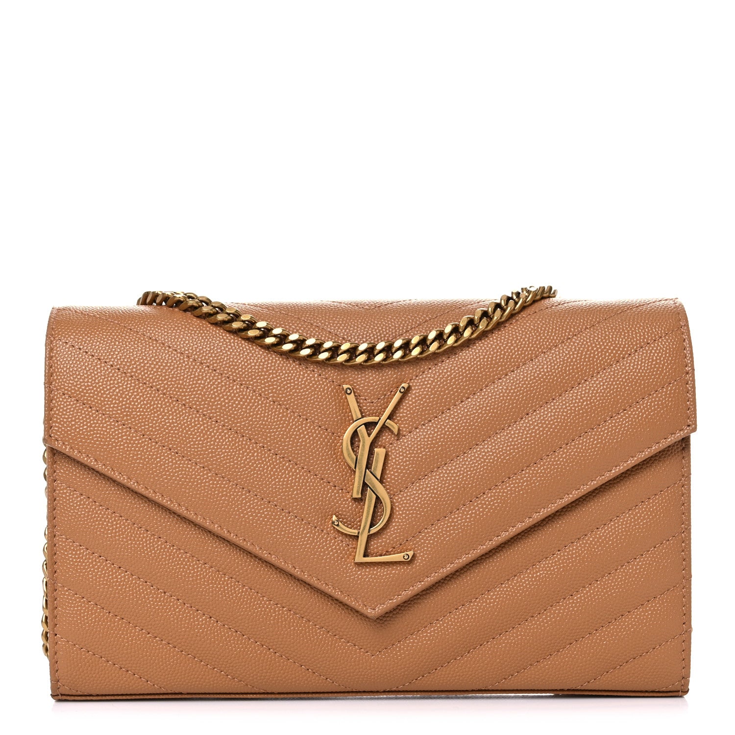 Saint Laurent Grain De Poudre Matelasse Chevron Monogram Chain Wallet Dune 1 of 10