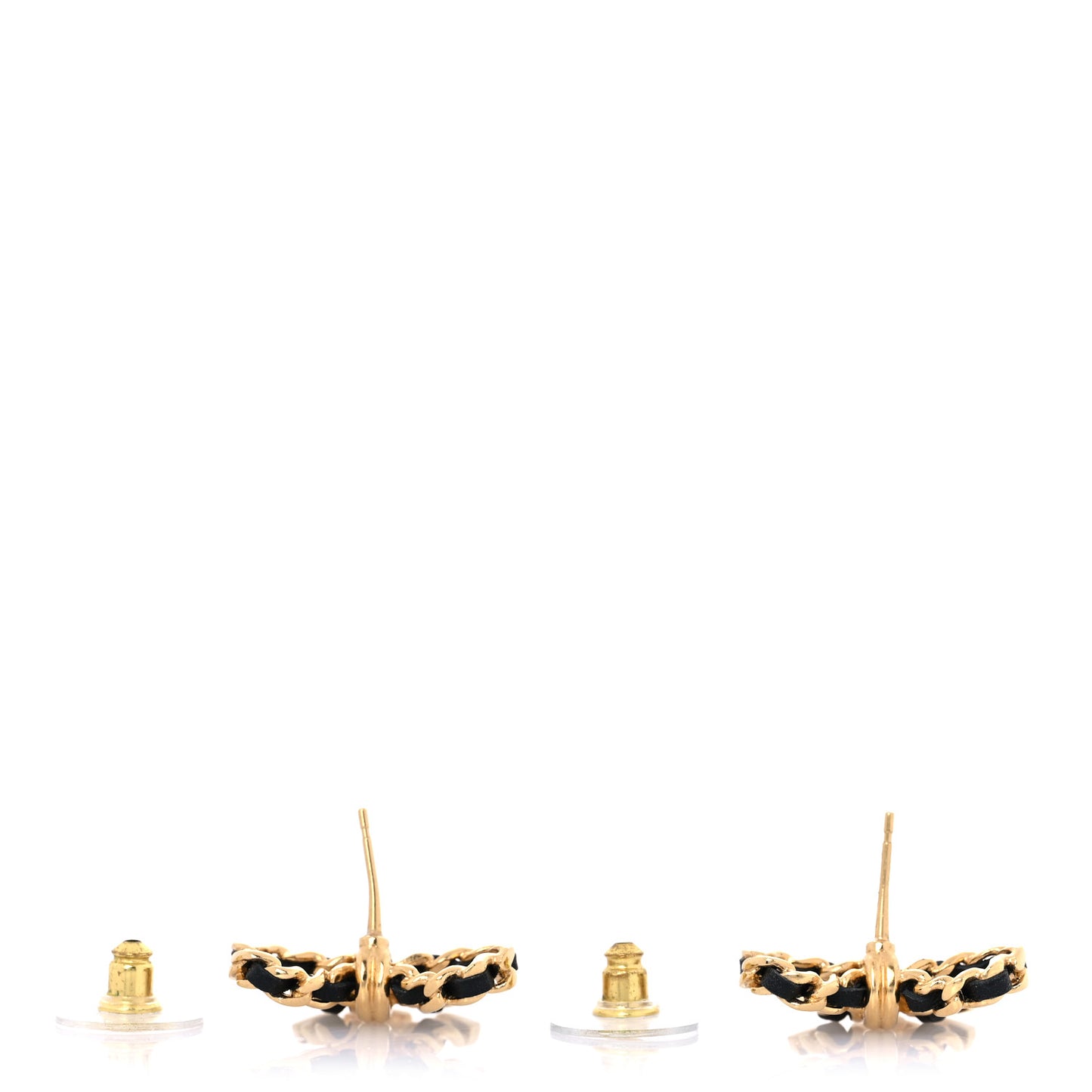 Lambskin Chain Bow Stud Earrings Black Gold