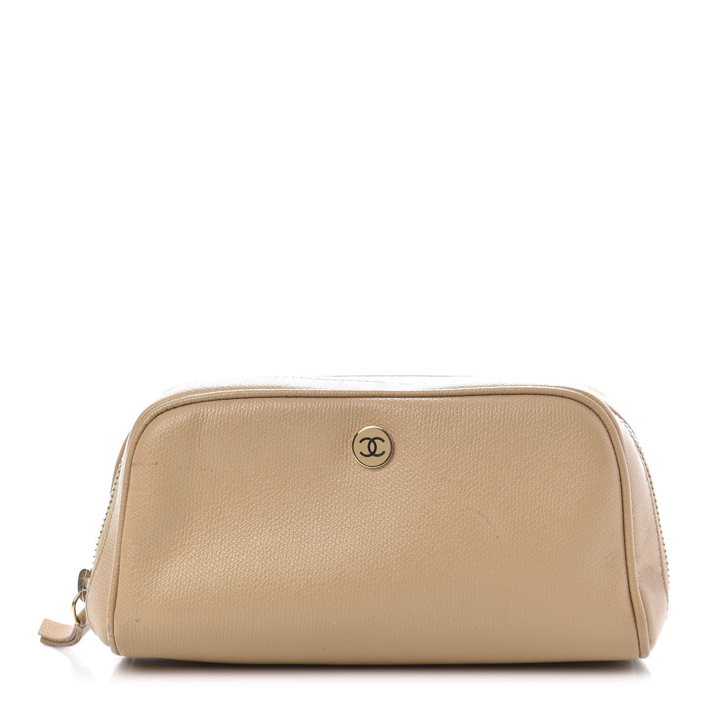 Grained Calfskin CC Button Medium Pouch Cosmetic Case Beige