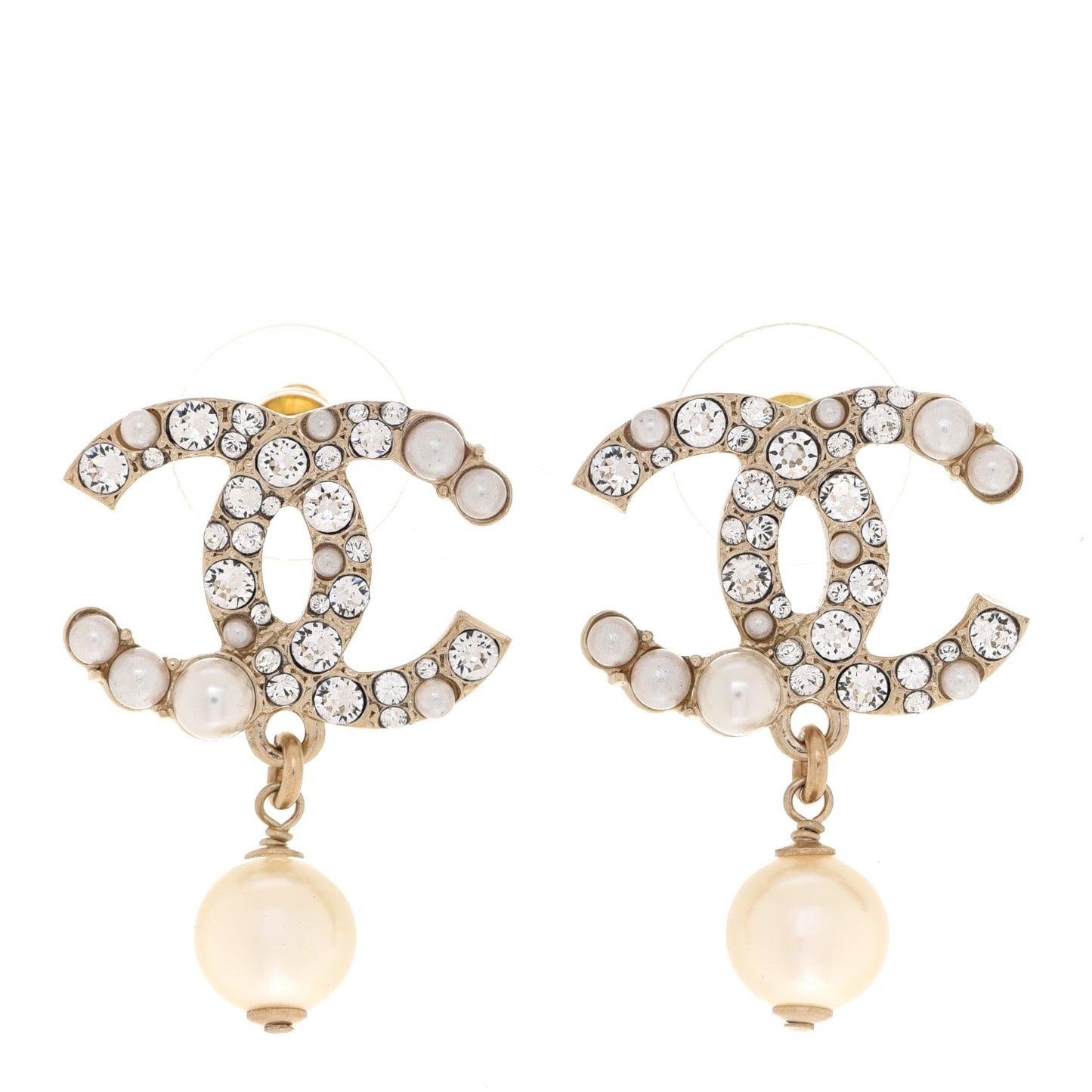 Crystal Pearl CC Drop Earrings Gold