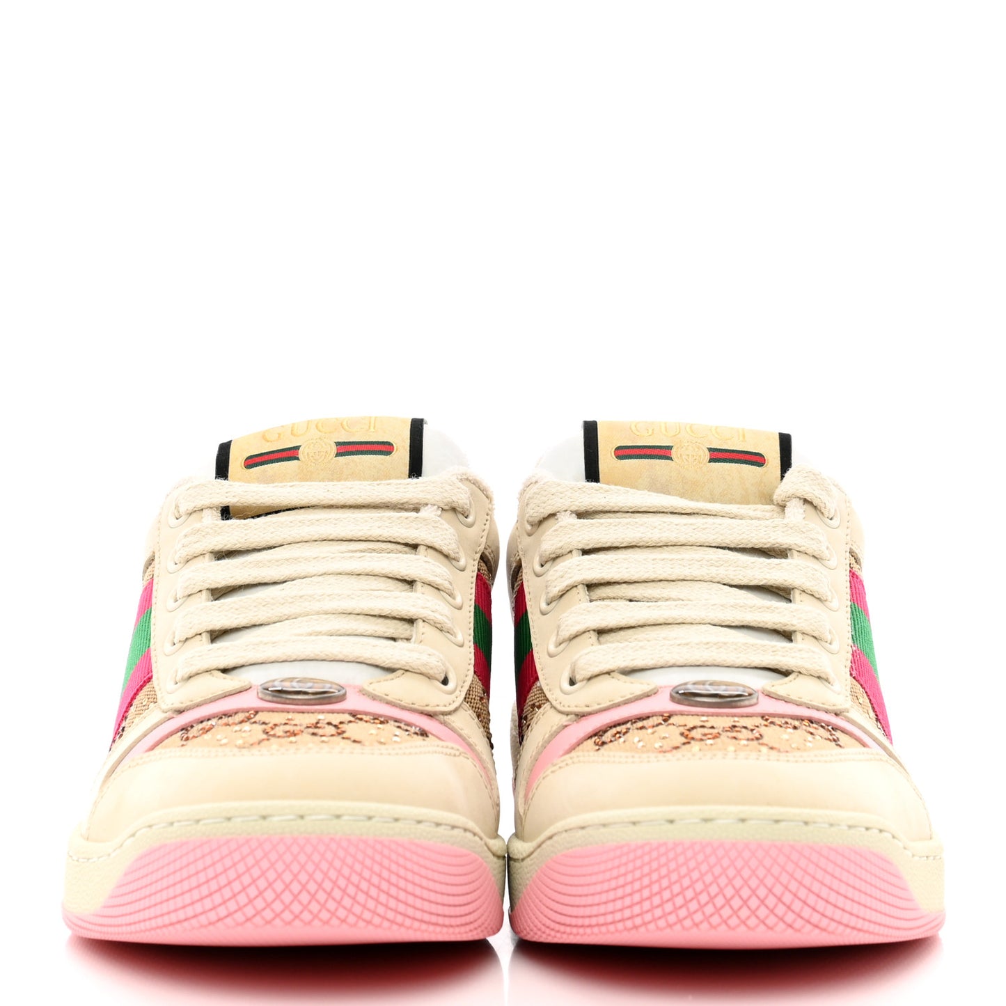 Calfskin GG Supreme Crystals Web Screener Sneakers 37.5 Beige Ebony Wild Rose