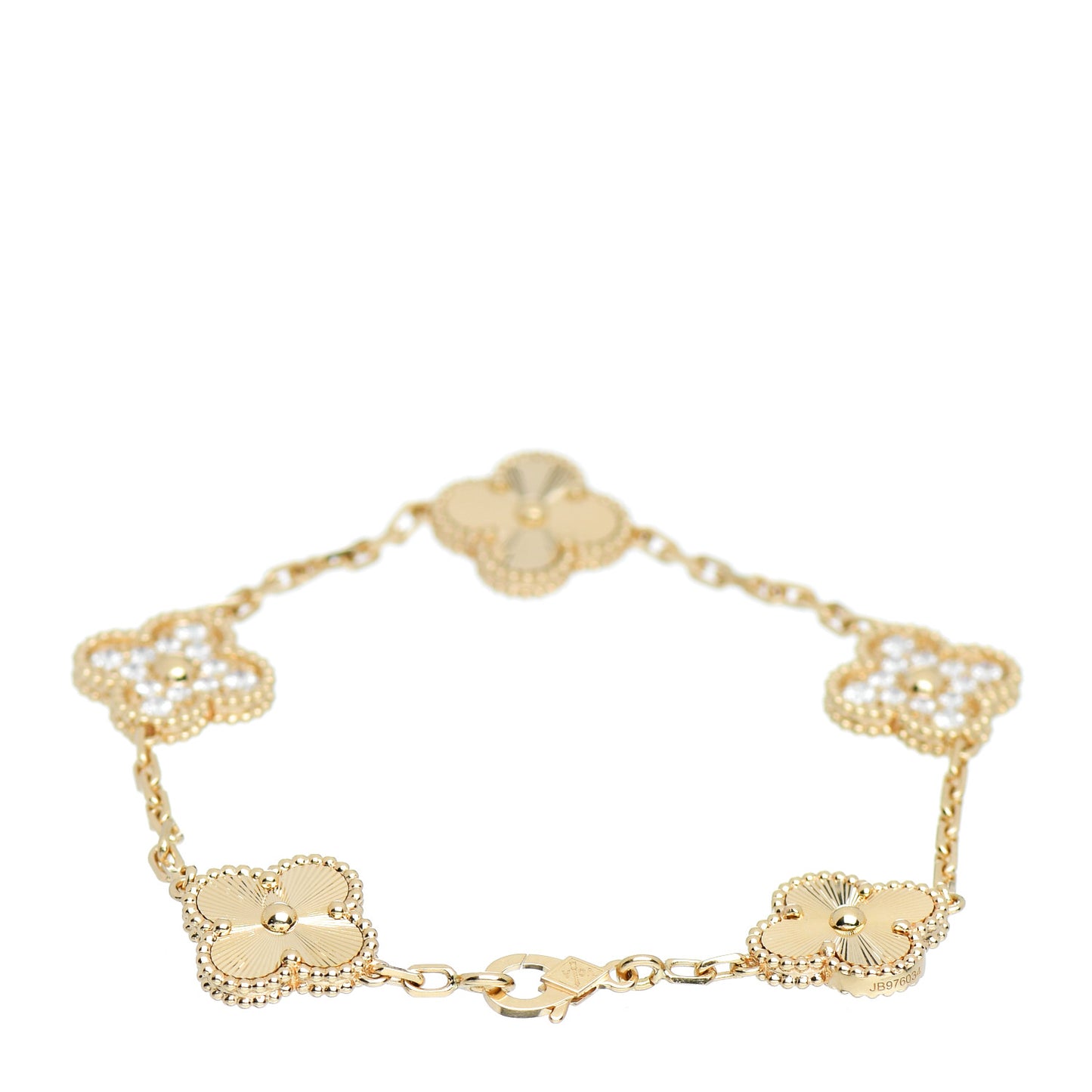 18K Yellow Gold Diamond 5 Motifs Guilloche Vintage Alhambra Bracelet