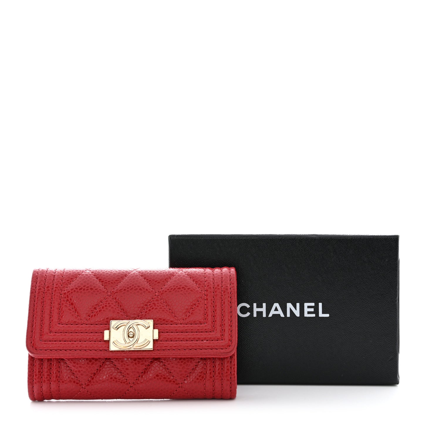 Caviar Quilted Boy Flap Card Holder Wallet Red