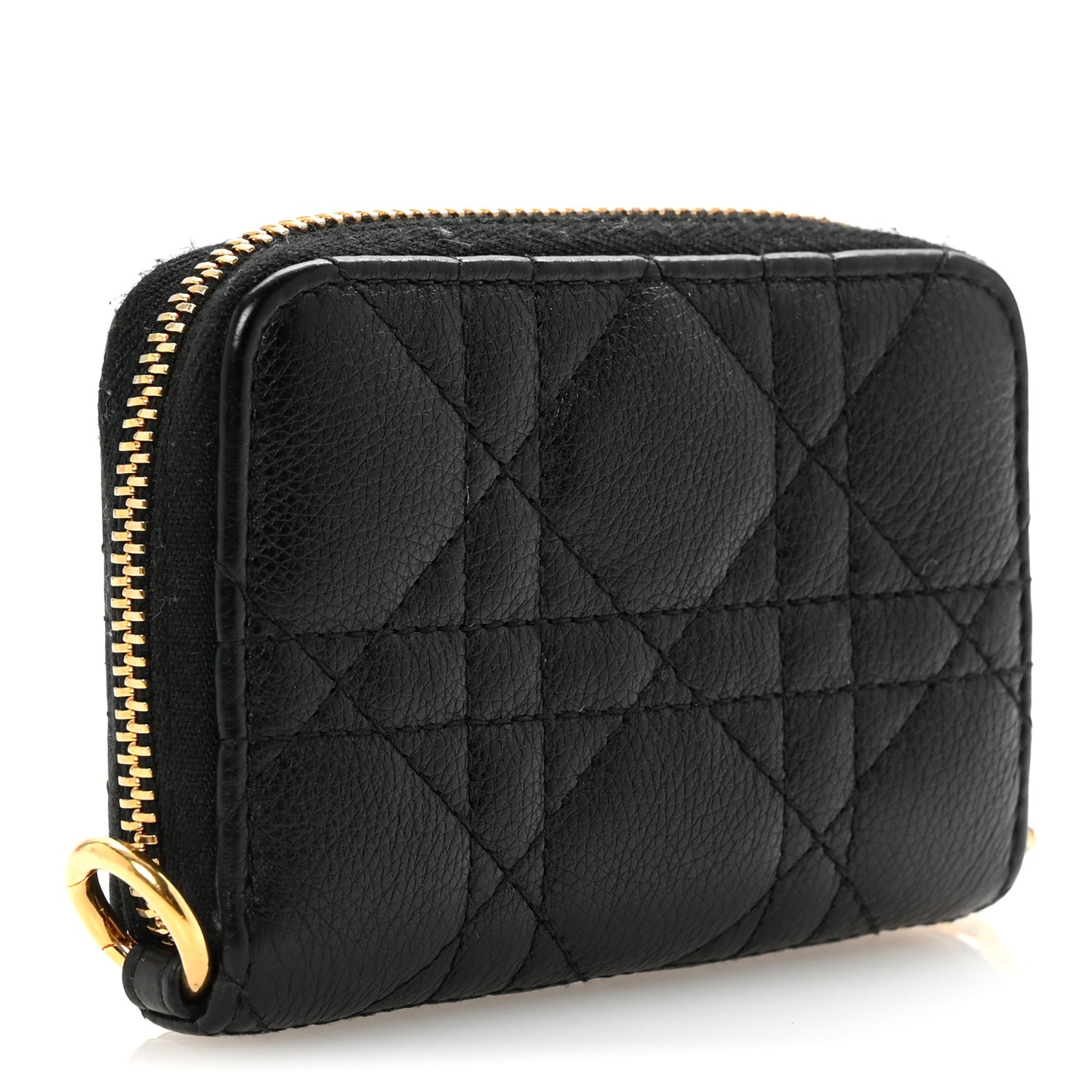 Grained Calfskin Supple Cannage Caro Compact Zip Card Wallet Black