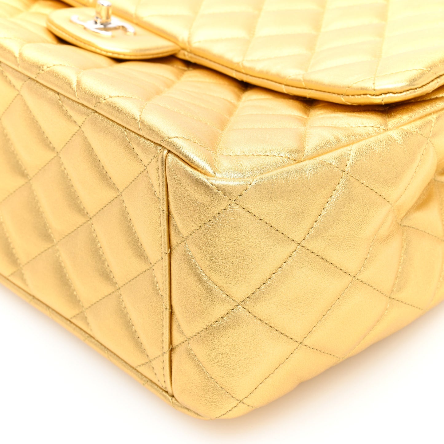 Metallic Lambskin Quilted XXL Travel Flap Bag Gold